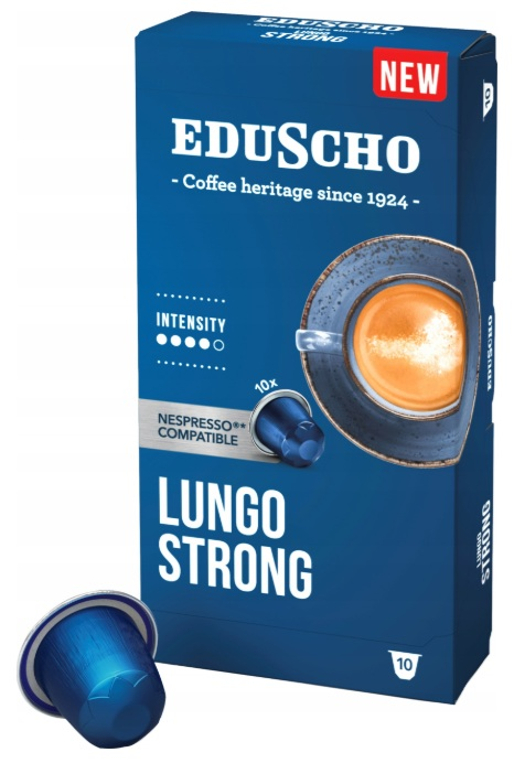 Niebieskie pudełko kapsułek do kawy Eduscho Lungo Strong. Zawiera grafikę filiżanki kawy, kapsułkę i słowo NOWOŚĆ.