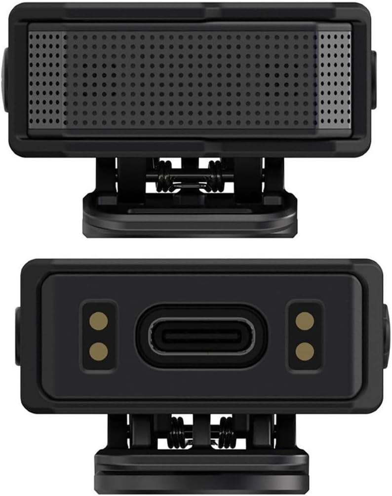 Üst ve alt görünümlere sahip siyah cihaz. Üst kısımda hoparlör delikleri var. Alt kısımda bir USB-C bağlantı noktası ve iki yuvarlak delik var.
