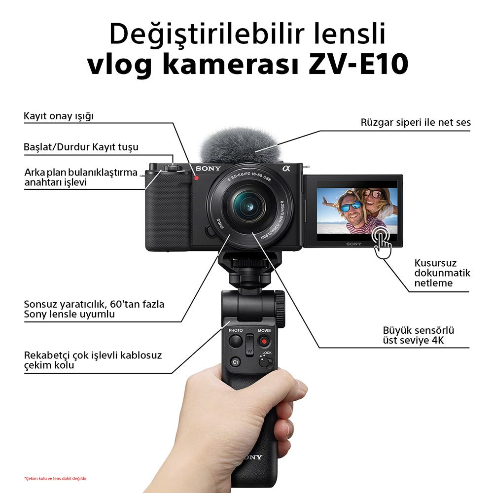 Kablosuz bir çekim tutacağı tutan bir el ile Sony ZV-E10 vlog kamerası. Ekran iki kişiyi gösteriyor. Metin Türkçe.