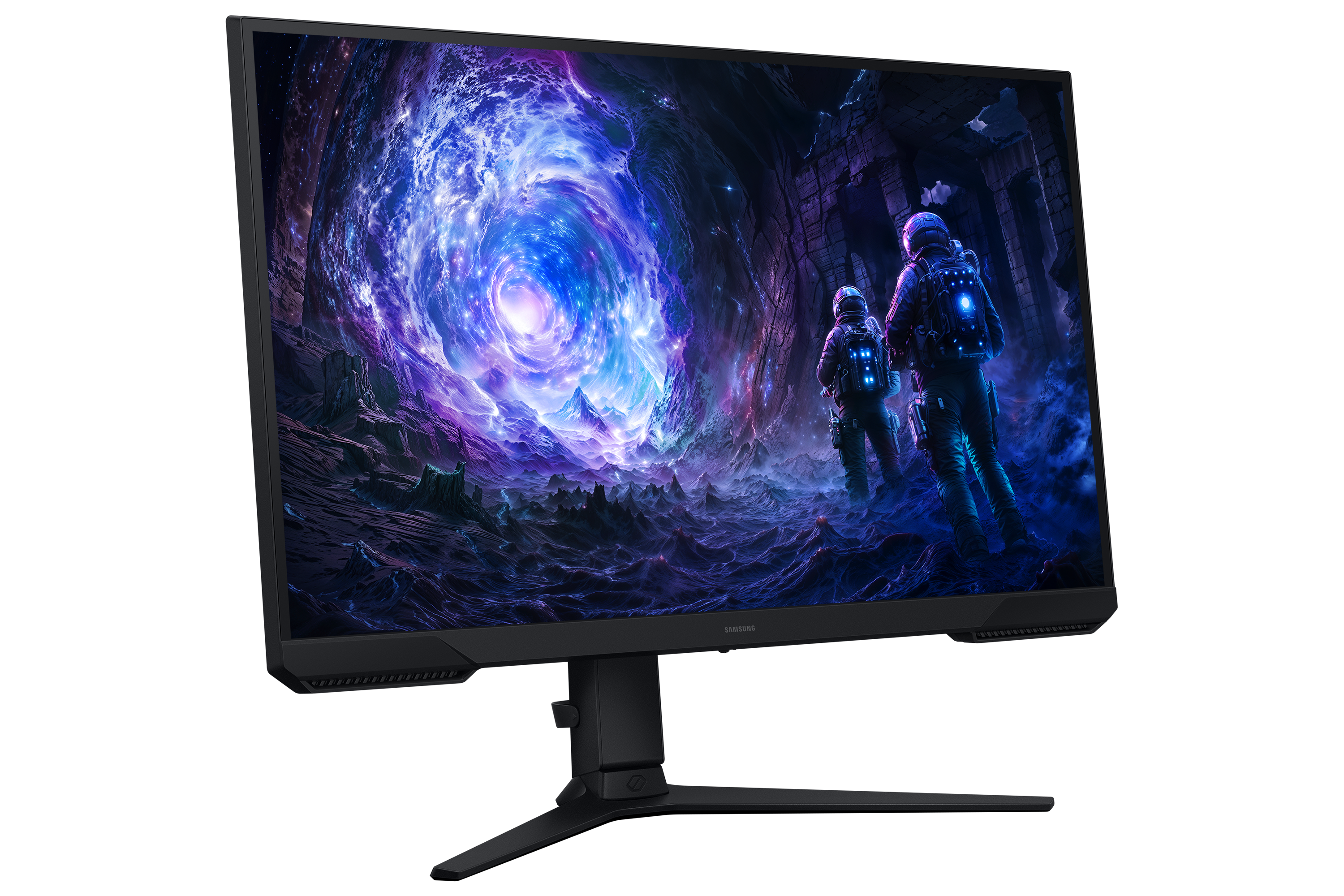 Astronotların kozmik bir sahnede görüntülendiği monitör. Monitör siyahtır ve siyah bir tabana, siyah bir arka plana sahiptir.
