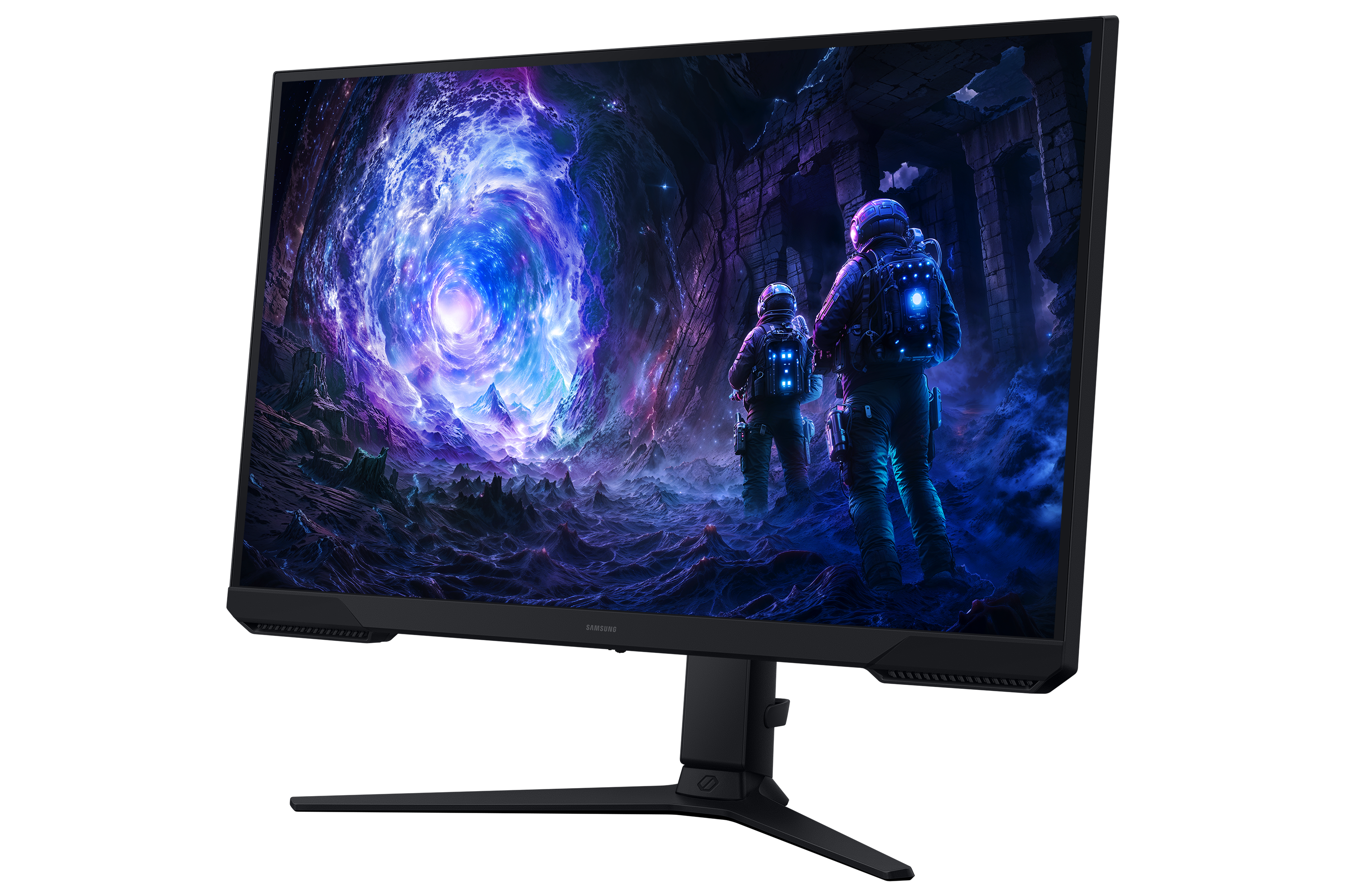 Monitör, iki astronotlu bir uzay sahnesi gösteriyor. Mor ve mavi bulutsu. Siyah monitör standı.