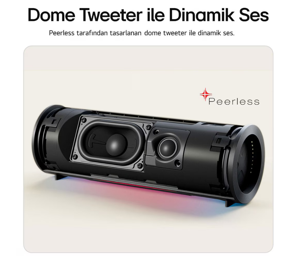 Beyaz bir yüzey üzerinde iki hoparlörlü siyah bir hoparlör. Üstte "Dome Tweeter ile Dinamik Ses" yazısı var.