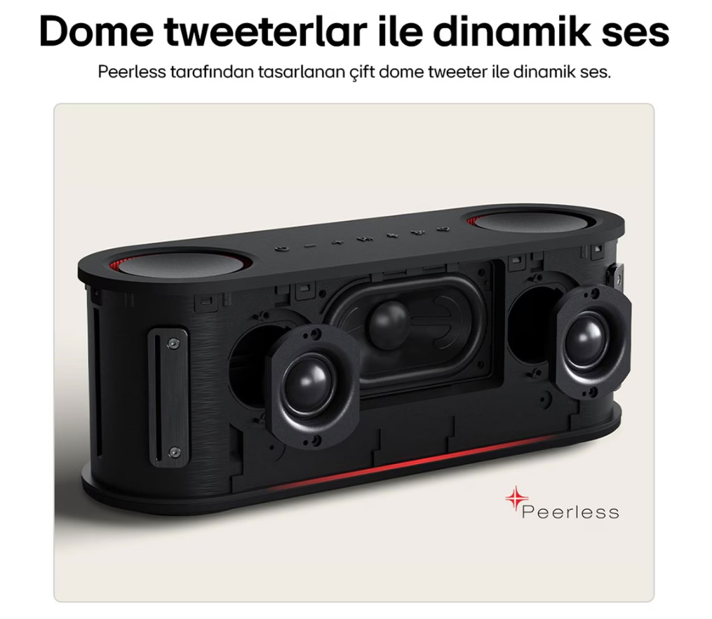 Siyah hoparlör, iç bileşenleri açıkta. İki dome tweeter ve merkezi bir hoparlör içerir. Kırmızı vurgular ve Peerless logosu.