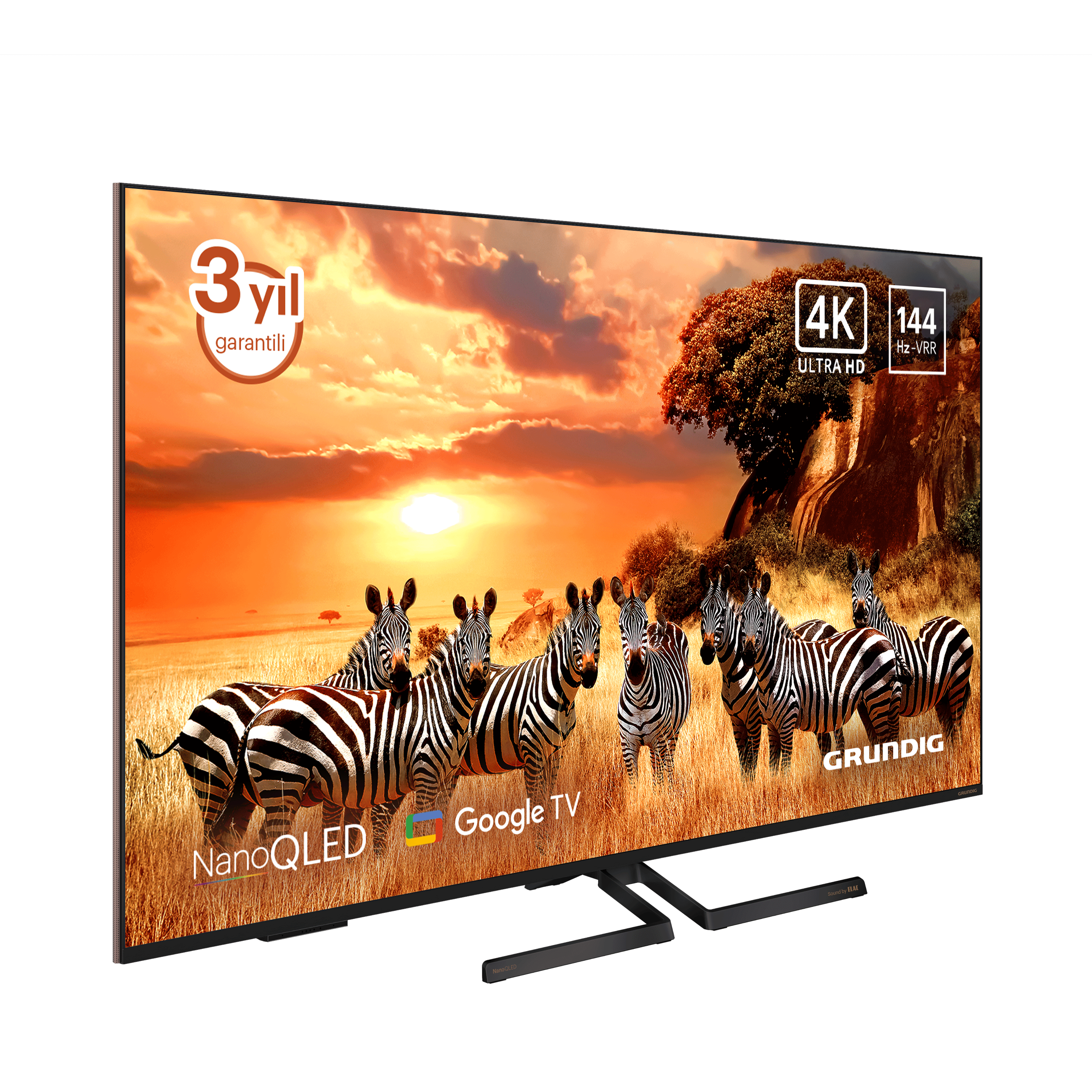 Bir Grundig TV, zebralarla bir savan sahnesi gösteriyor. 4K Ultra HD, Nano QLED ve Google TV özelliklerine sahip.