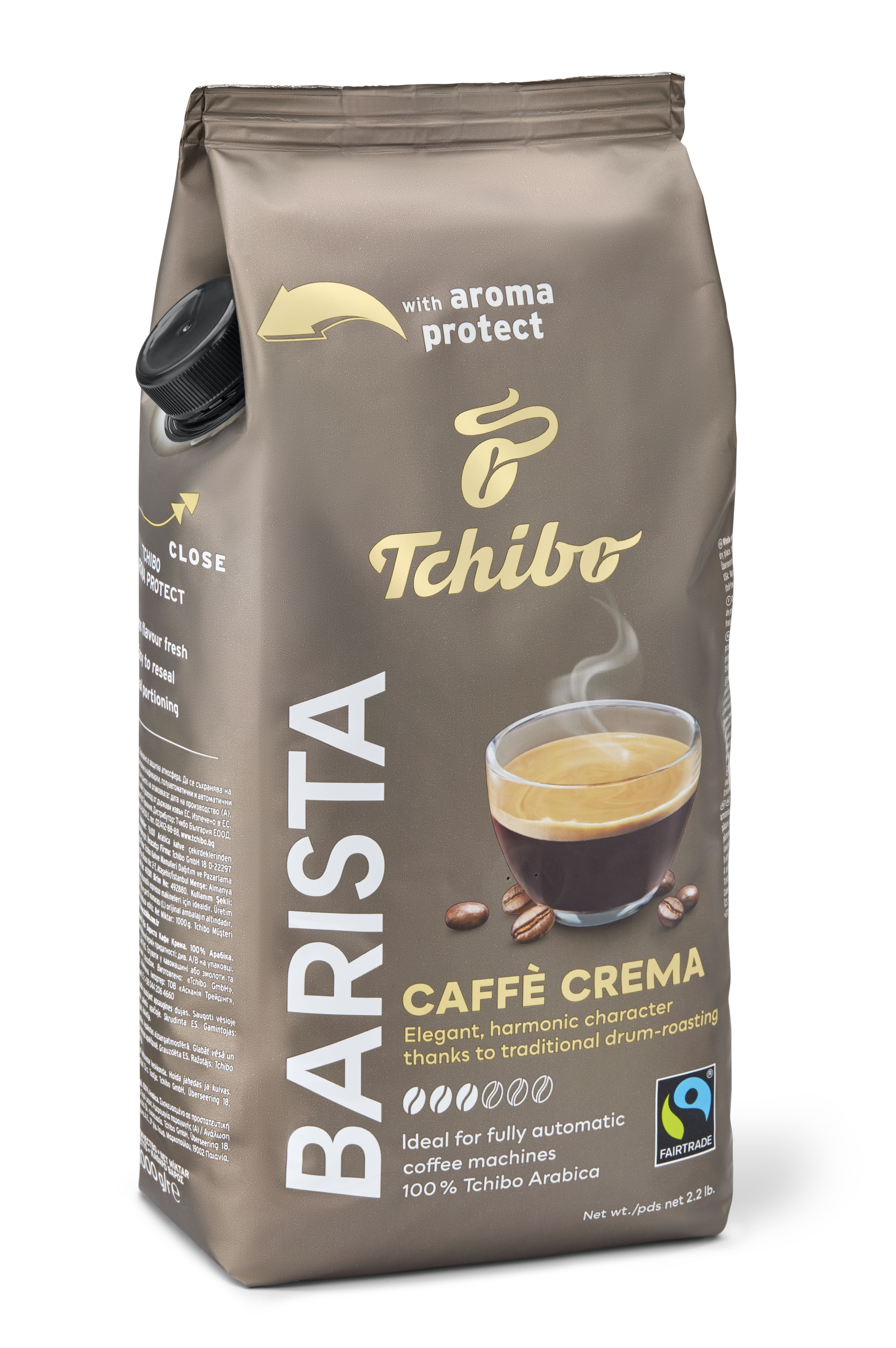 Tchibo logolu, 'Caffè Crema' yazılı ve kahve çekirdekli kahve paketi. Fairtrade logosu var.