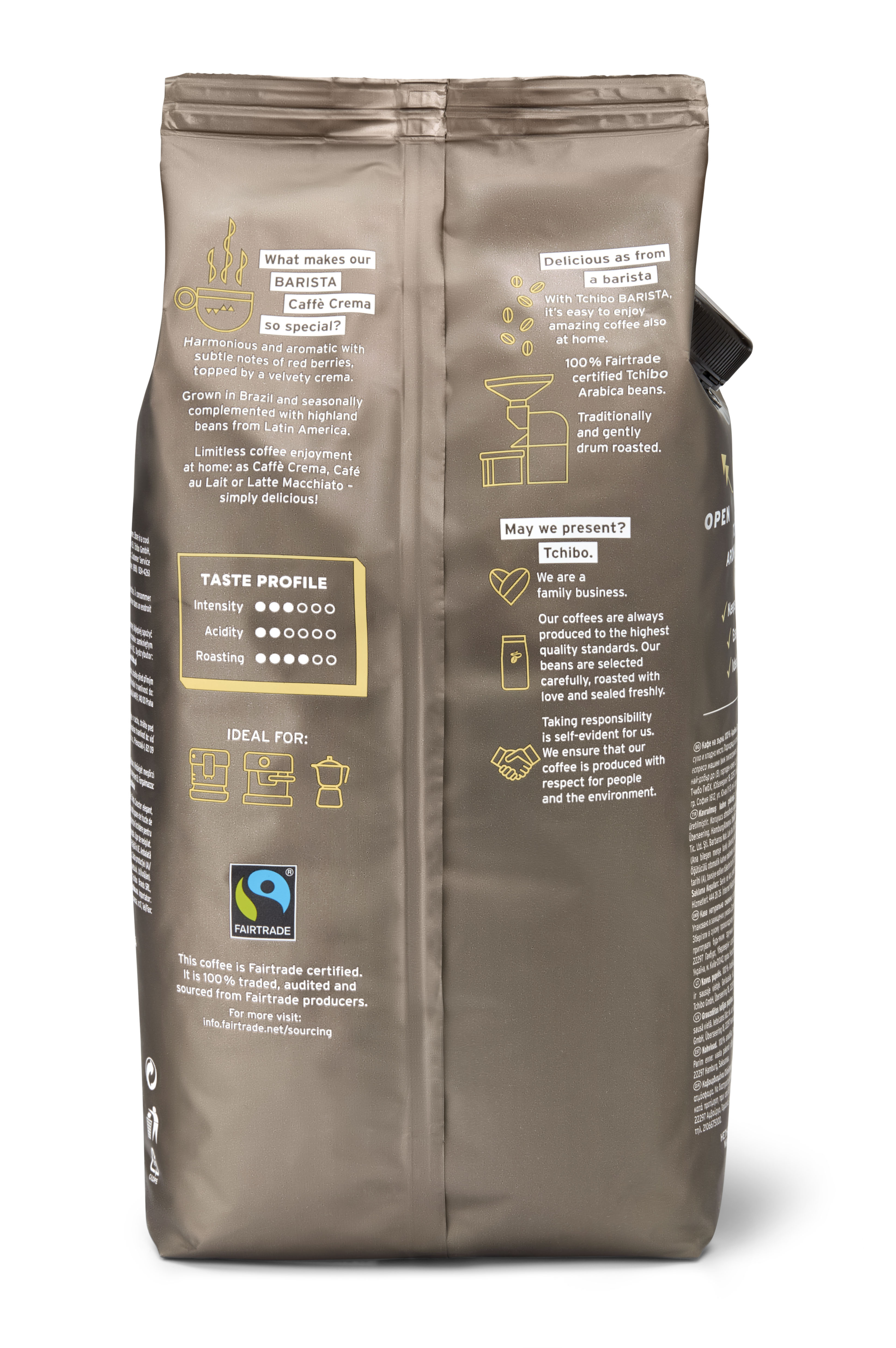 Metin, Fairtrade logosu ve kahve hazırlama simgeleri içeren kahve poşeti. Siyah contalı kahverengi poşet.