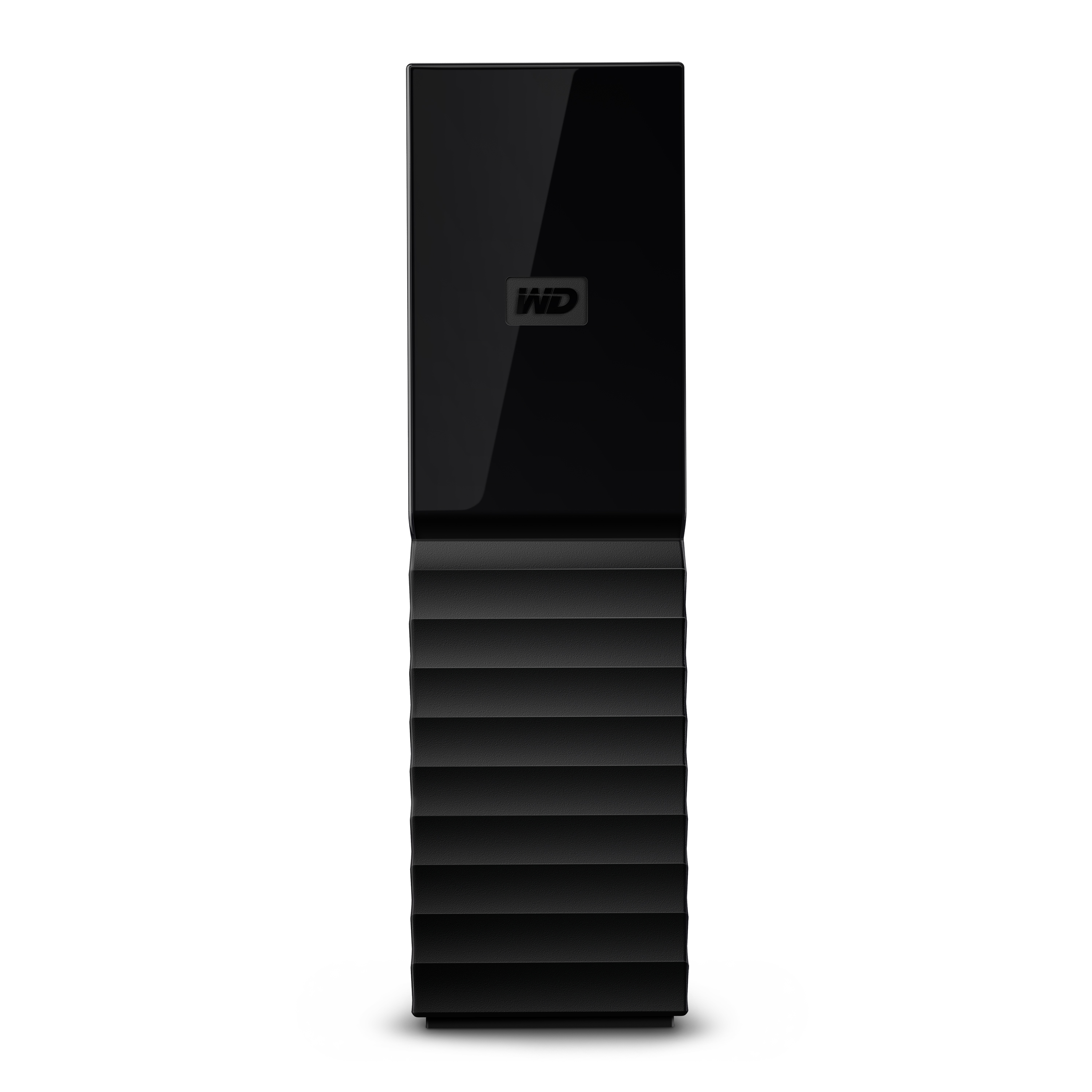 WD logosu bulunan siyah bir harici sabit disk. Parlak bir üst kısma ve beyaz bir arka plan üzerinde oluklu bir alt bölüme sahip.