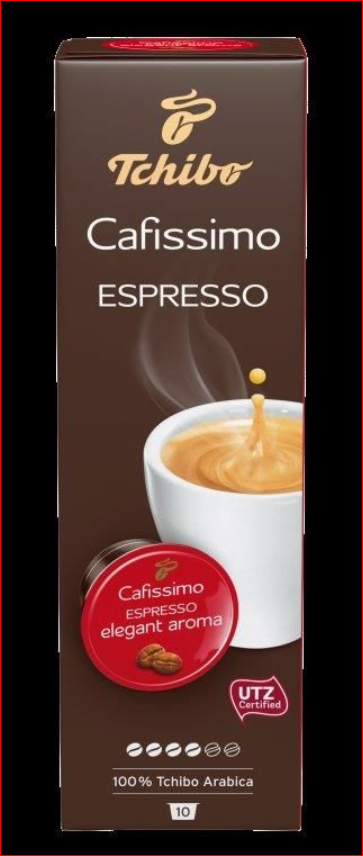 Tchibo Cafissimo Espresso kutusu. Kahve ve kapsül içeren beyaz fincan. Metin ve logolu kahverengi arka plan.