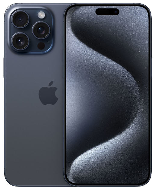 Üç kameralı, koyu mavi bir iPhone gösteriliyor, arka ve ön tarafı gösteriyor. Ekran siyah dalgalı bir tasarıma sahip.