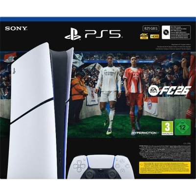 FC26 oyunu, kontrol cihazı ile PS5 konsol kutusu. Kutuda futbolcular var. Beyaz ve siyah konsol tasarımı. Sony logosu.