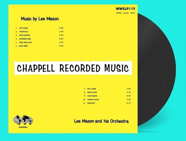 Albumcover: Gelber Hintergrund mit Titelliste, schwarze Schallplatte rechts. Künstler Lee Mason.