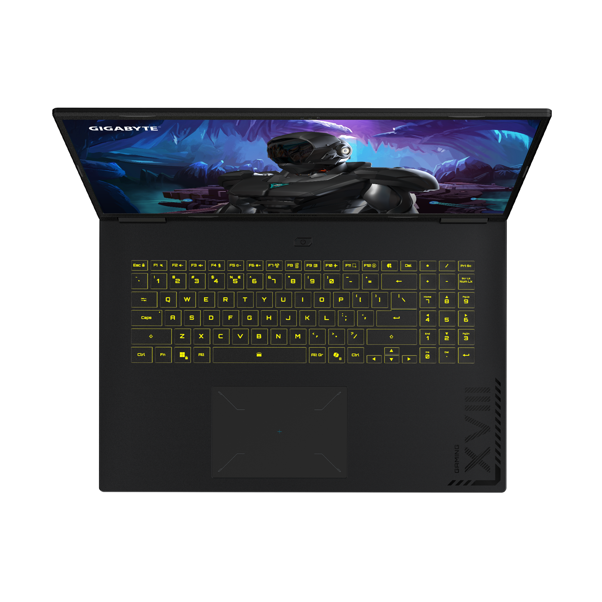 Schwarzer Laptop mit futuristischer Szene auf dem Bildschirm. Gelb beleuchtete Tastatur. Gigabyte-Logo oben.
