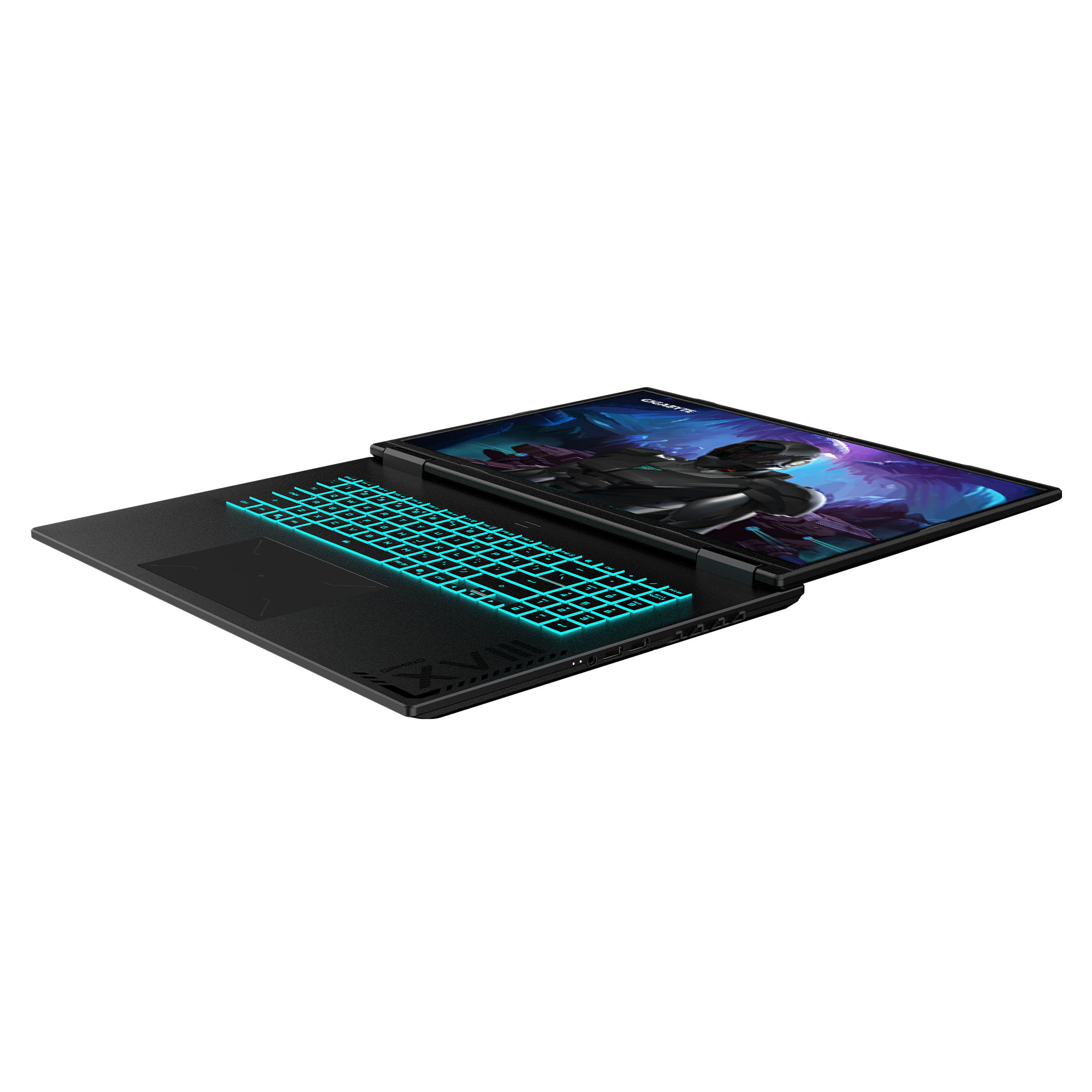 Ein Laptop mit beleuchteter Tastatur. Der Bildschirm zeigt eine futuristische Szene. Die Tastatur ist blau.