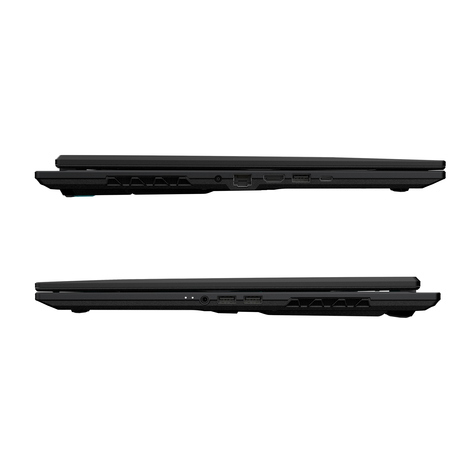 Zwei schwarze Laptops Seitenansicht. Anschlüsse sichtbar: HDMI, USB und Audio. Beide haben Lüfter. Weißer Hintergrund.