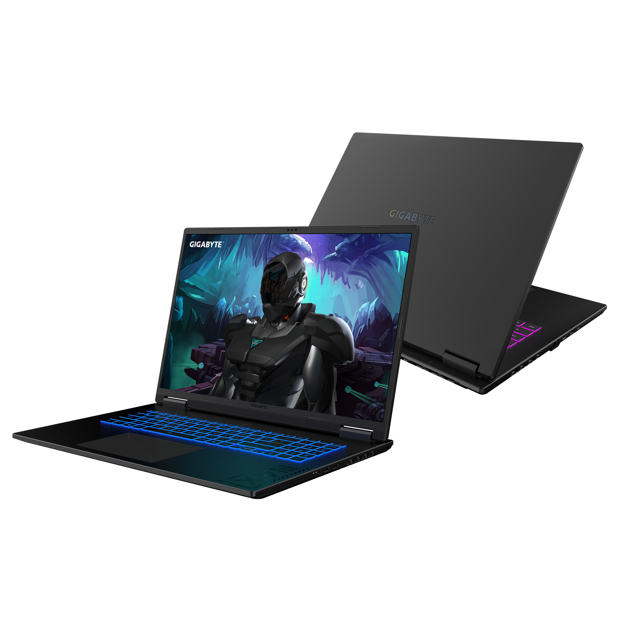Schwarzer Gigabyte-Gaming-Laptop mit blau beleuchteter Tastatur. Zweiter Laptop im Hintergrund. Bildschirm zeigt futuristischen Charakter.
