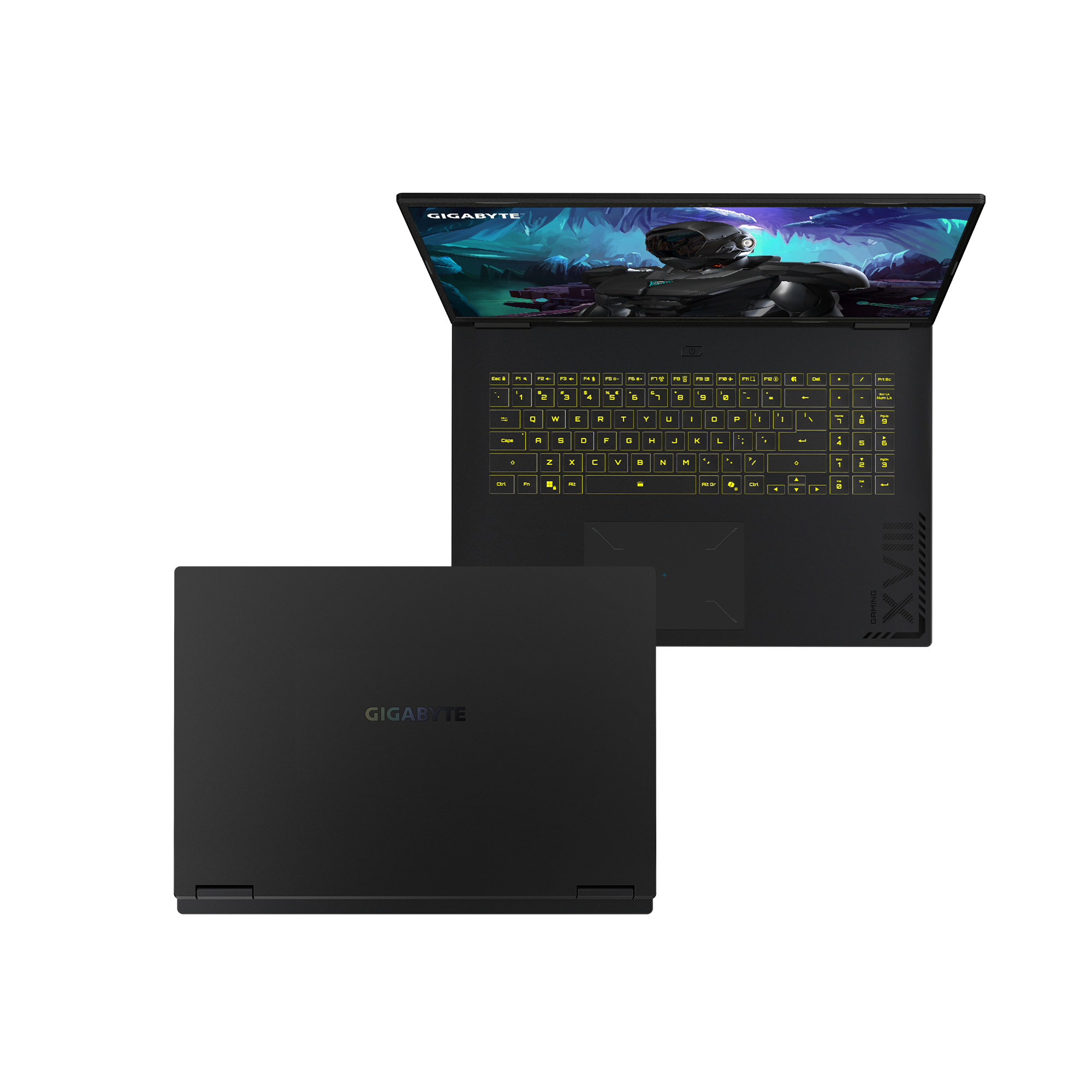 Schwarzer Laptop, geöffnet, um eine futuristische Szene auf dem Bildschirm und der Tastatur anzuzeigen. Ein anderer Laptop ist unten geschlossen.
