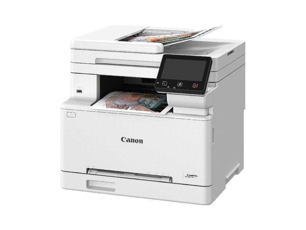 Beyaz bir Canon yazıcı. Dokunmatik ekranı var ve renkli kağıtlar basıyor. Canon logosu görünür.