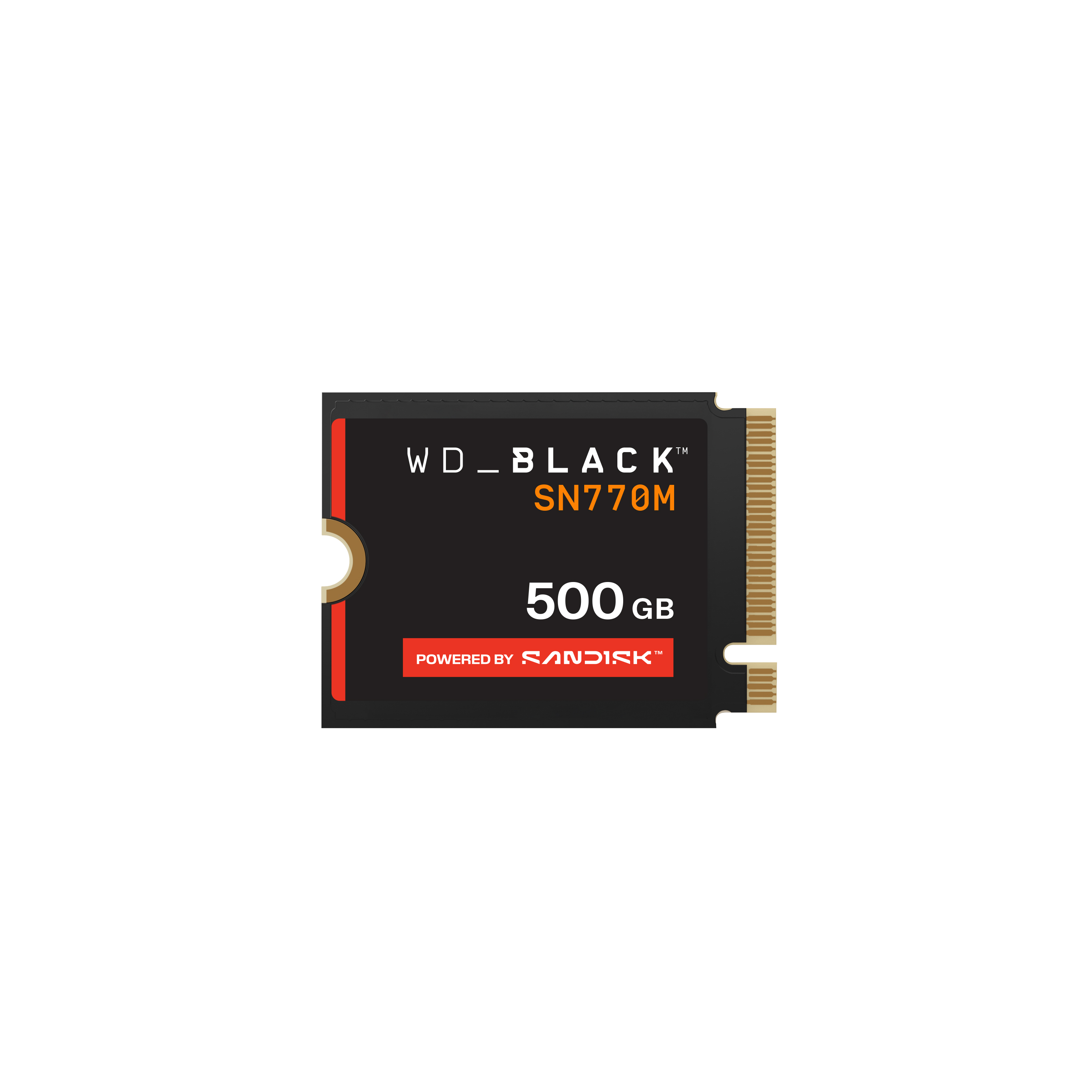 Eine schwarze WD_BLACK SN770M SSD mit roten Akzenten. Es trägt die Aufschrift '500 GB', powered by Sandisk.