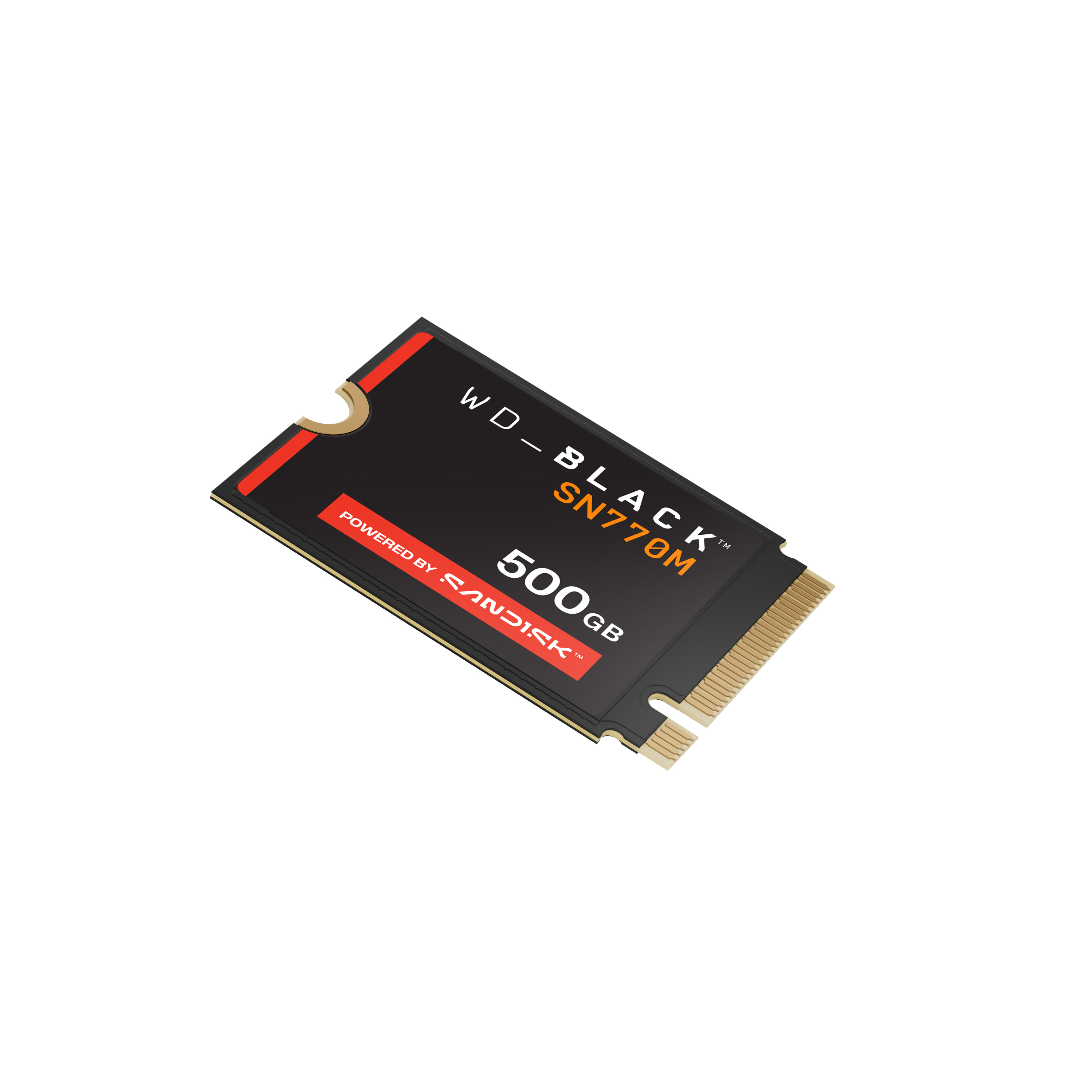 WD_BLACK SN770M 500GB SSD auf weißem Hintergrund. Schwarze Karte mit roten Akzenten, goldenen Anschlüssen, SanDisk Logo.