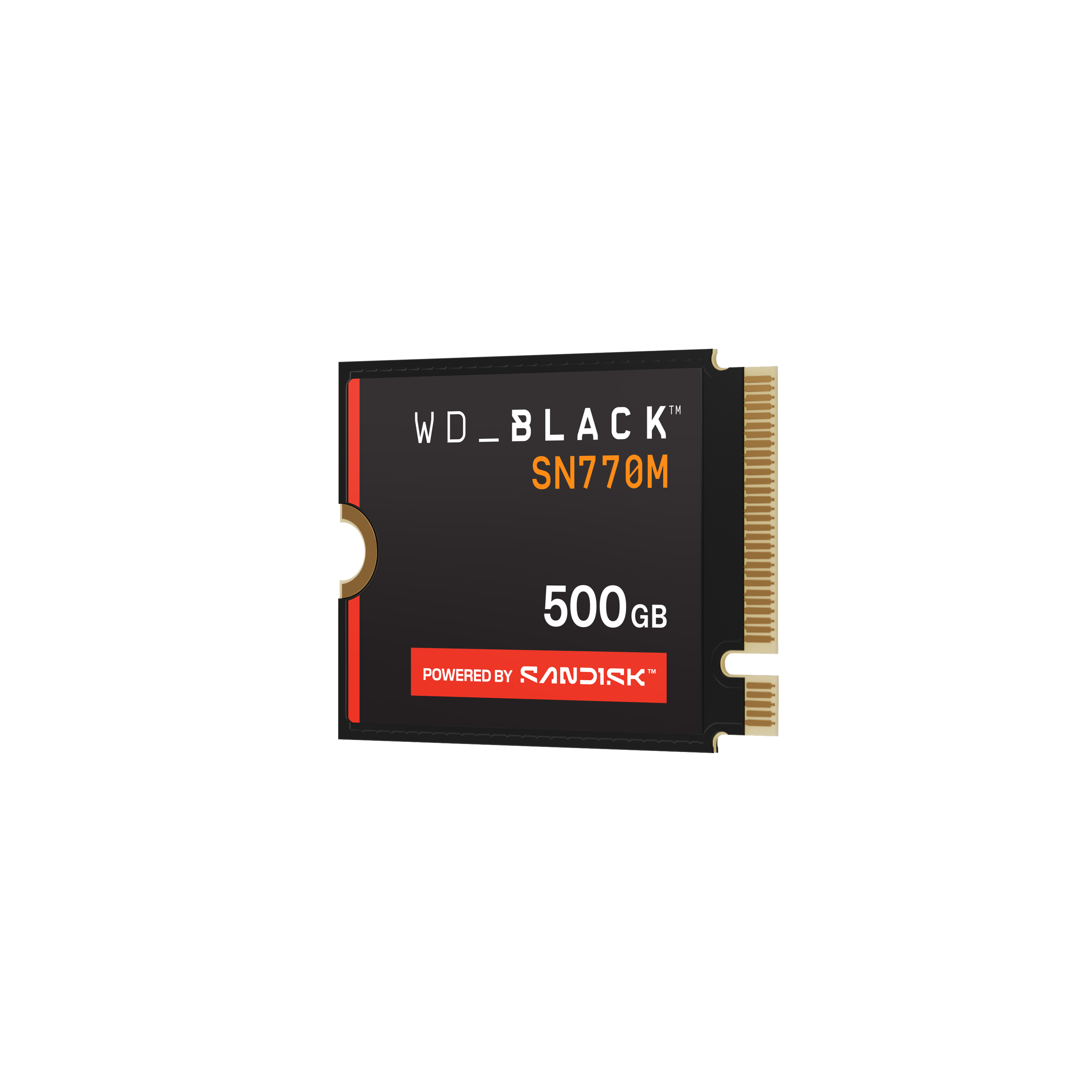 WD Black SN770M 500GB SSD auf weißem Hintergrund. Schwarzes und rotes Design, goldener Anschluss und Sandisk-Branding.