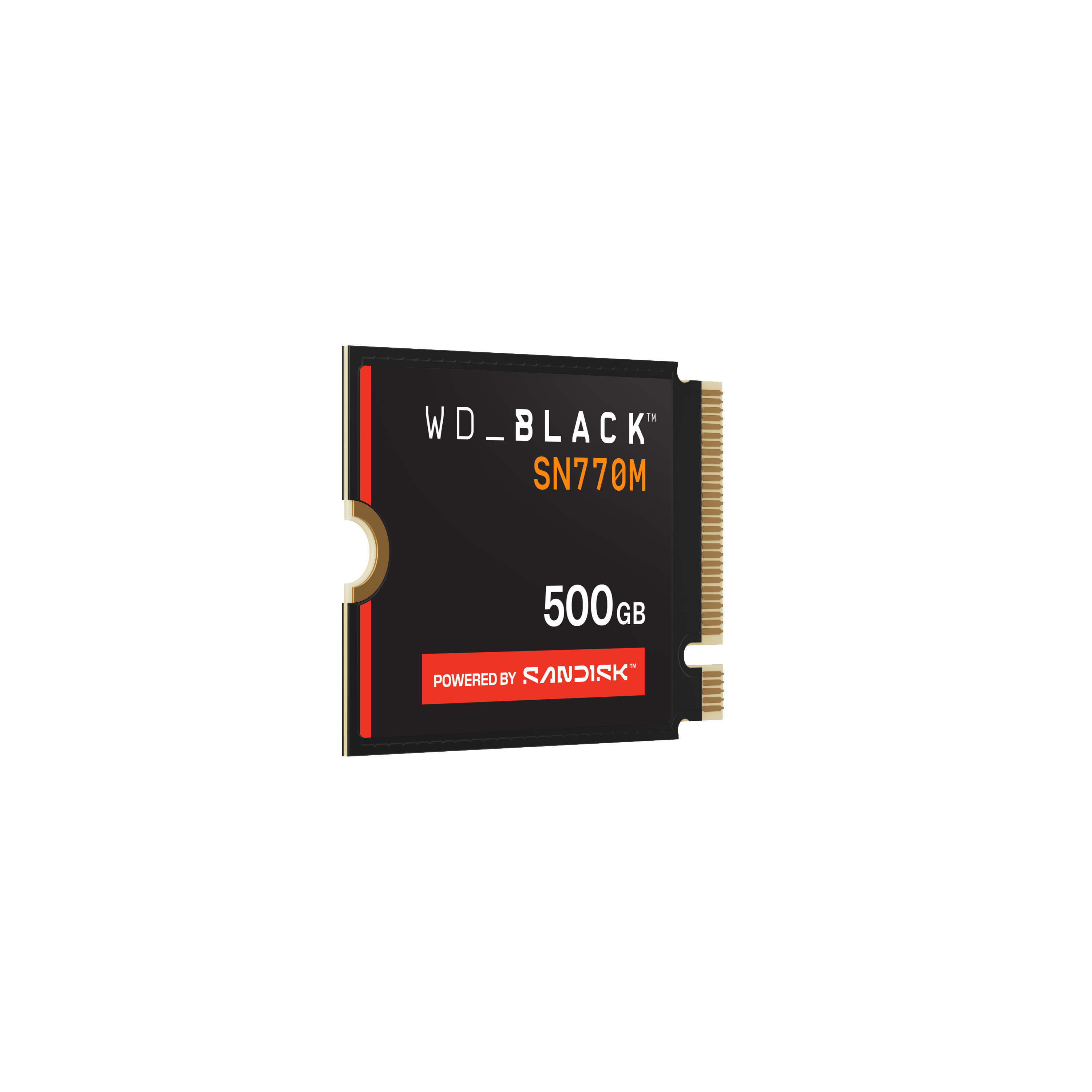 WD Black SN770M 500GB SSD auf Weiß. Schwarzer Körper, roter Streifen, goldener Stecker, weißer Text und Sandisk-Branding.