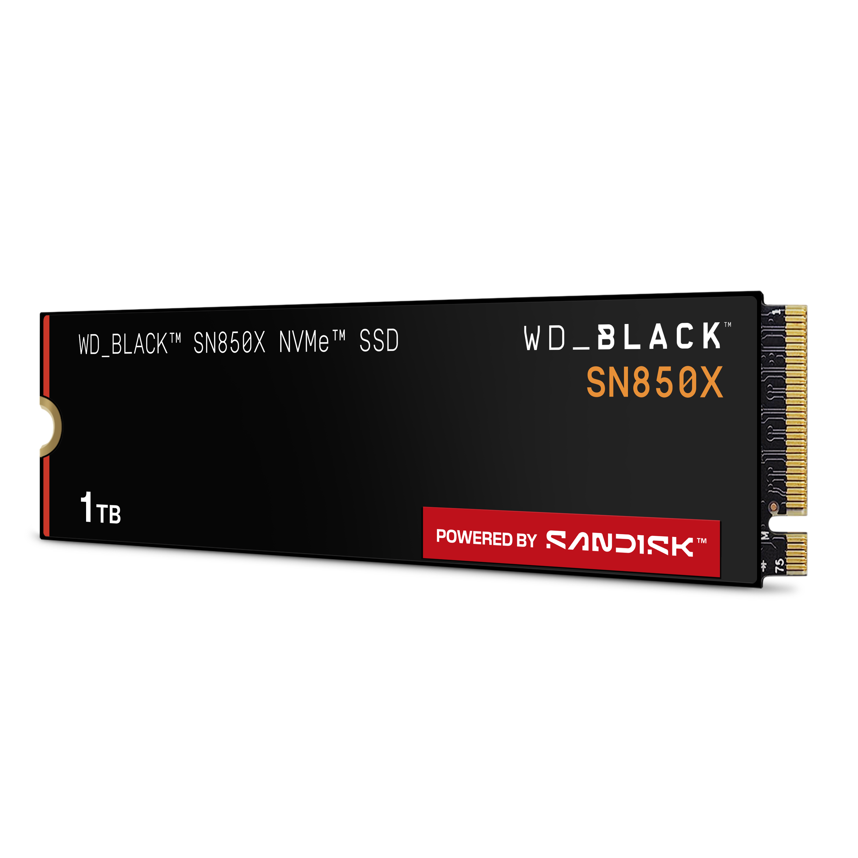 Schwarze SSD-Festplatte mit weißem Text. Sie trägt die Aufschrift WD_BLACK SN850X und hat 1 TB Kapazität.