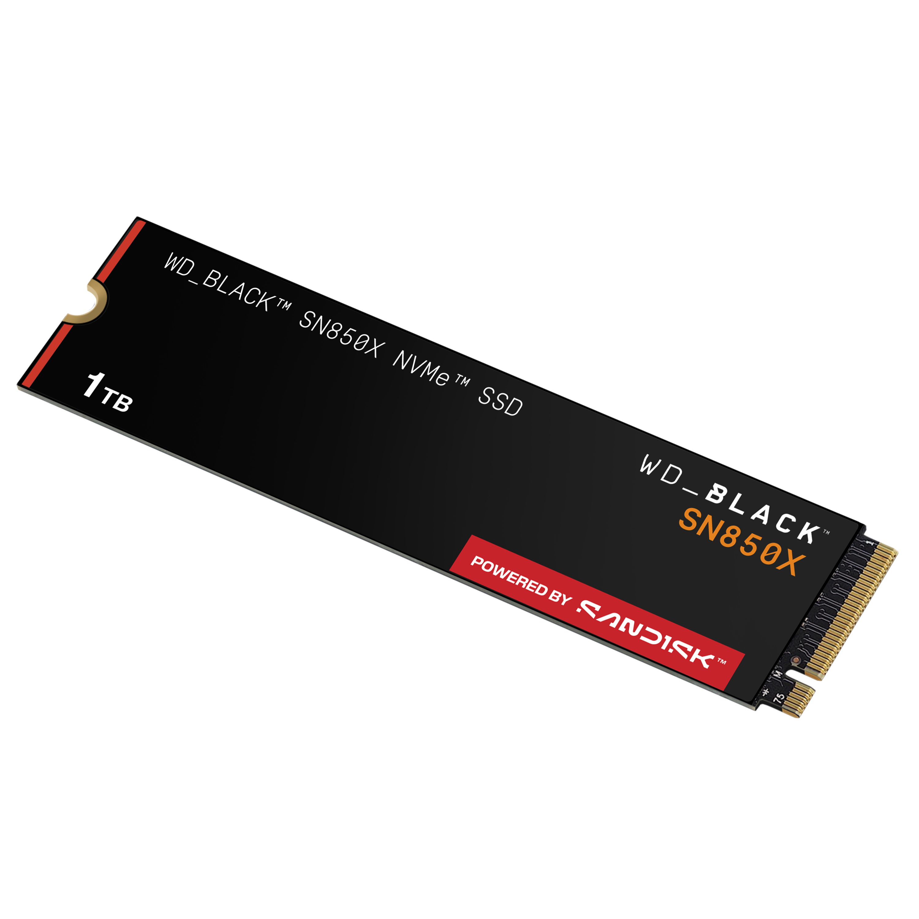 Schwarze WD_BLACK SN850X NVMe SSD, 1TB Kapazität, mit goldfarbenen Anschlüssen, roten Akzenten und weißer Schrift.