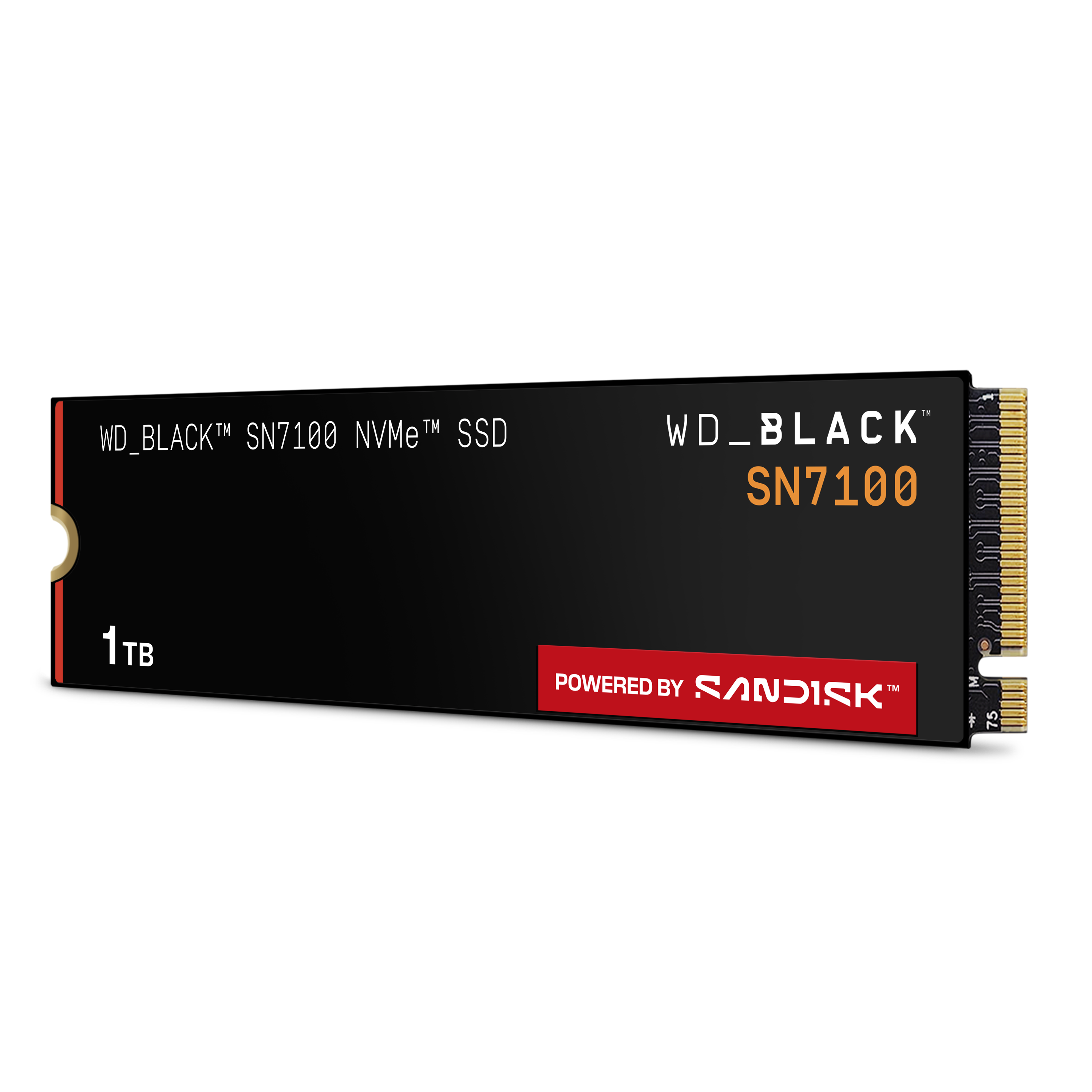 Schwarze SSD-Festplatte mit weißem Text. Mit WD_BLACK- und SanDisk-Logos. Kapazität: 1 TB.