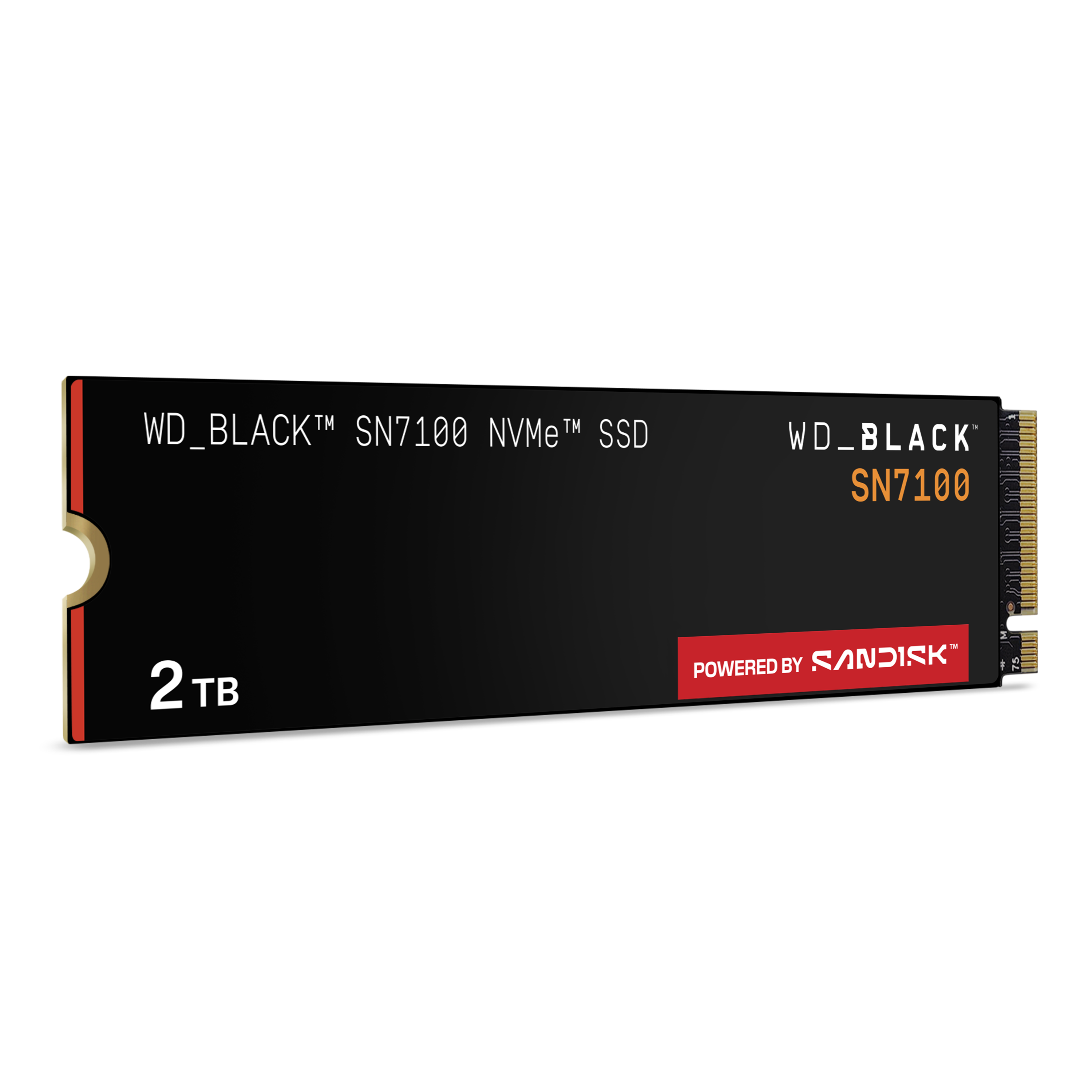 Schwarze WD_BLACK SN7100 SSD. Text: 2TB, Powered by Sandisk. Schwarzer Hintergrund.