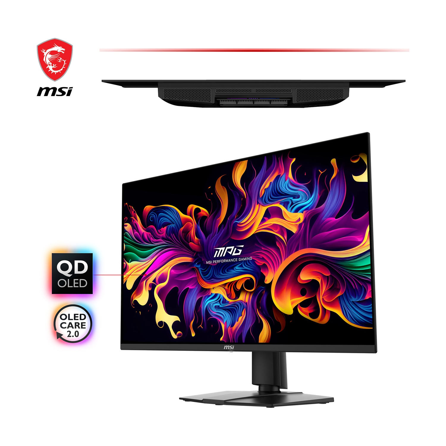 Monitor MSI QD-OLED. Presenta un display astratto colorato. Include il logo MSI e OLED Care 2.0. Monitor nero con supporto nero.