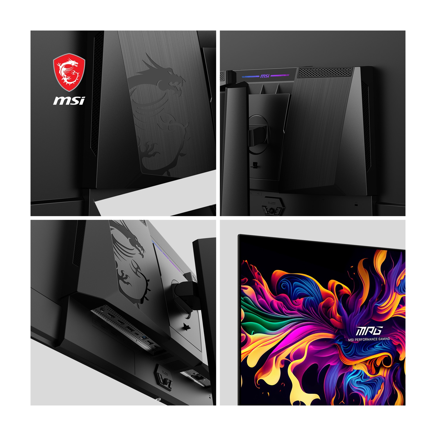 Dettagli del monitor gaming MSI. Monitor nero con design del drago e logo MSI. Arte astratta colorata sullo schermo. Primi piani.