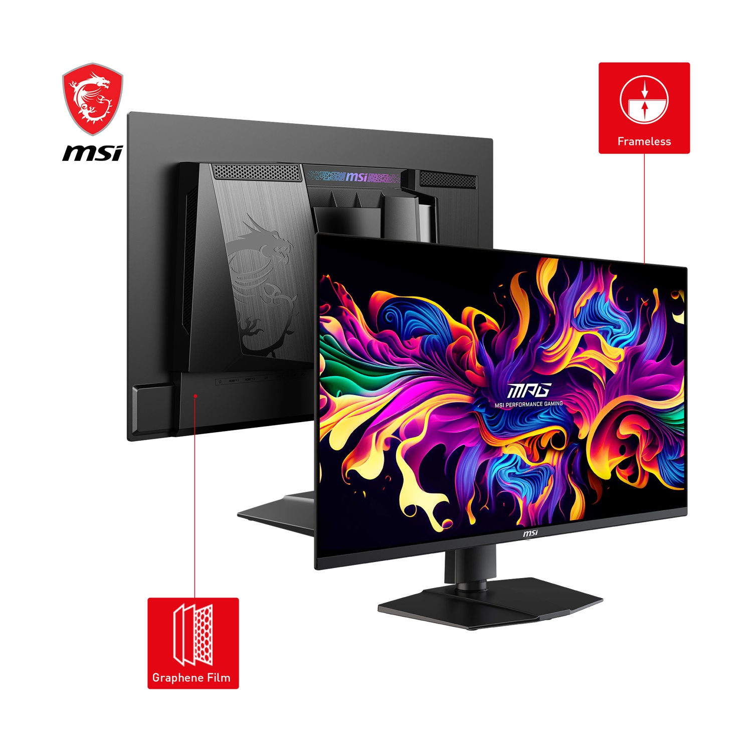 Monitor MSI con display colorato, cornice nera e supporto. Caratteristiche: 'Senza cornice' e 'Pellicola di grafene'.