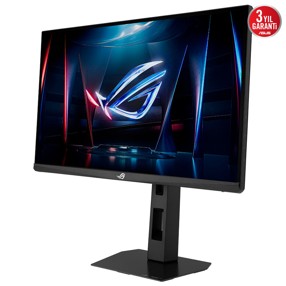 Siyah bir bilgisayar monitörü ve standı. Ekran, renkli bir ROG logosu gösteriyor. Bir garanti etiketi köşede.