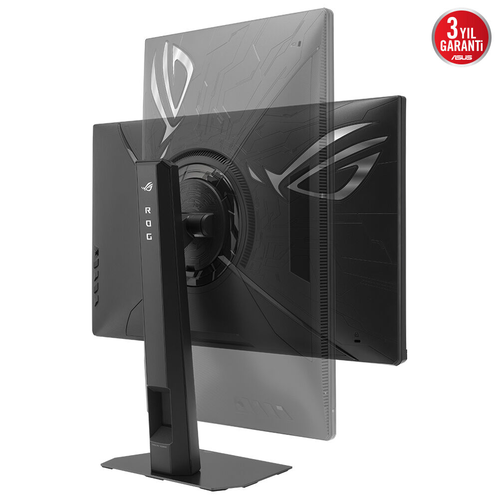 Siyah ROG oyun monitörü. Ekran, stand ve logo görünür. Sağ üst köşede 3 yıllık garanti etiketi var.