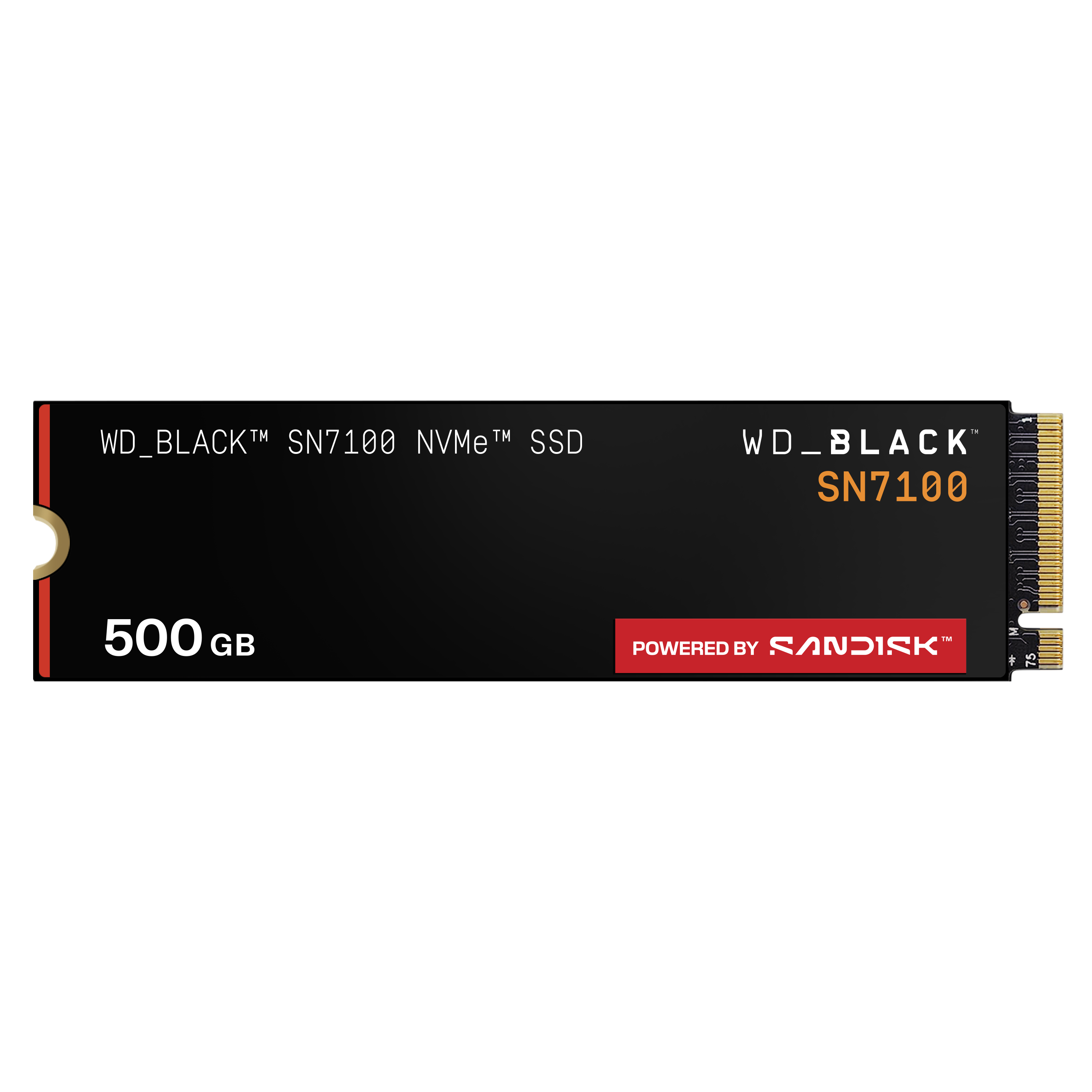 WD_BLACK SN7100 SSD. Schwarz mit orangefarbenen Akzenten. 500 GB Kapazität. Powered by Sandisk.