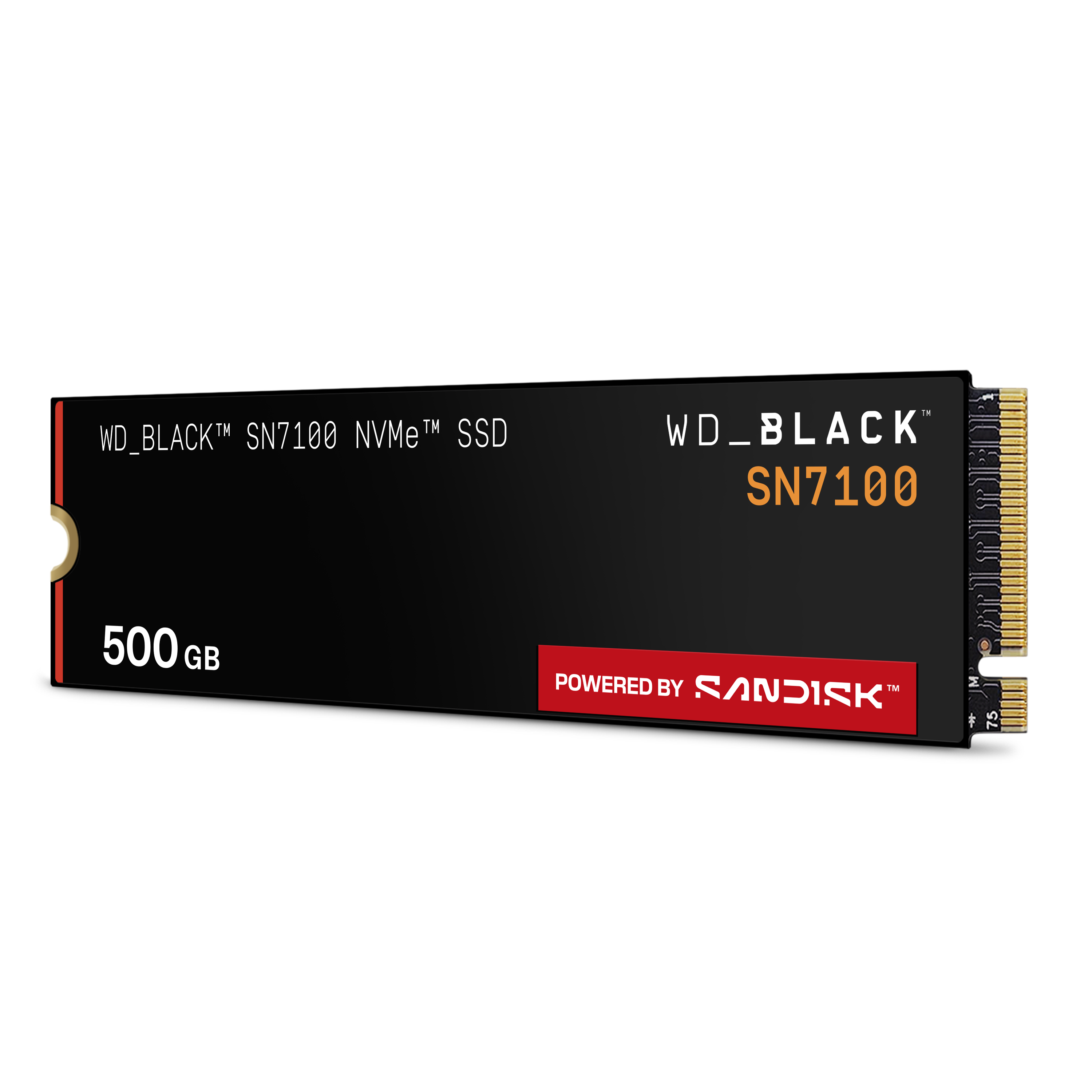 WD_BLACK SN7100 NVMe SSD auf schwarzem Hintergrund. Es wird von SanDisk betrieben und hat 500 GB.