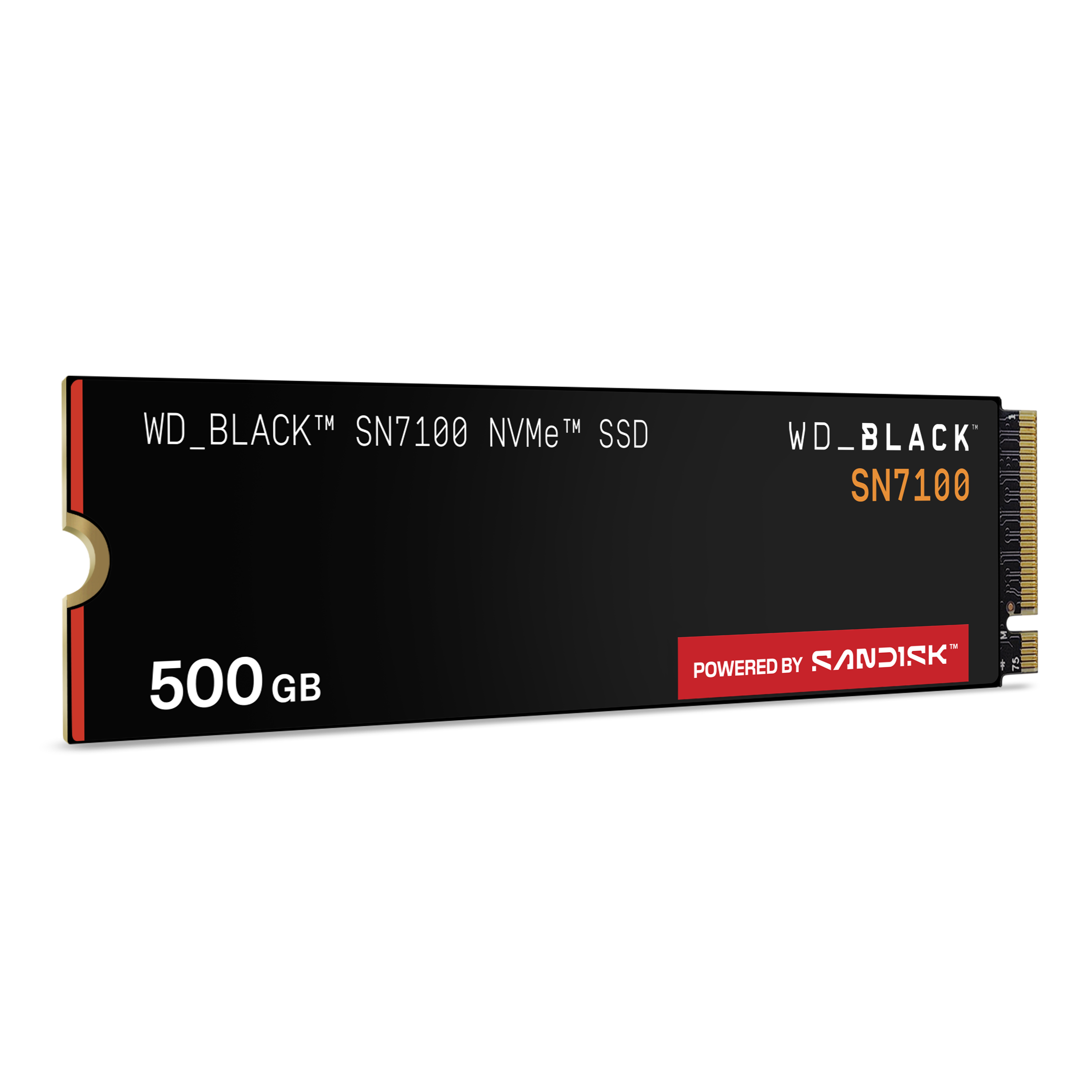 WD Black SN7100 NVMe SSD, 500GB Kapazität. Schwarz mit orangefarbenen und goldenen Akzenten. Powered by SanDisk.