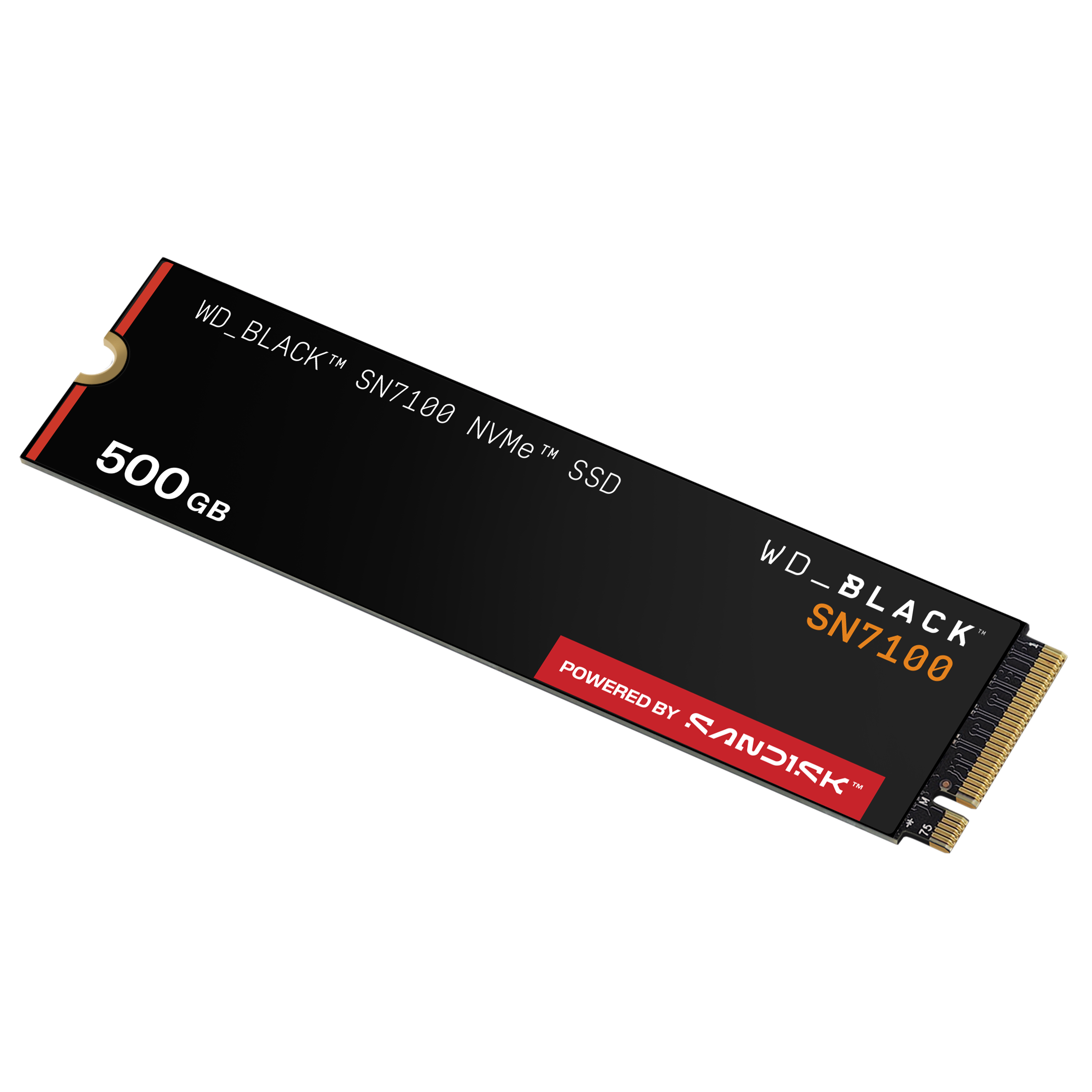 Schwarze WD_BLACK SN7100 NVMe SSD mit 500GB Kapazität, angetrieben von Sandisk, mit goldenen Anschlüssen.