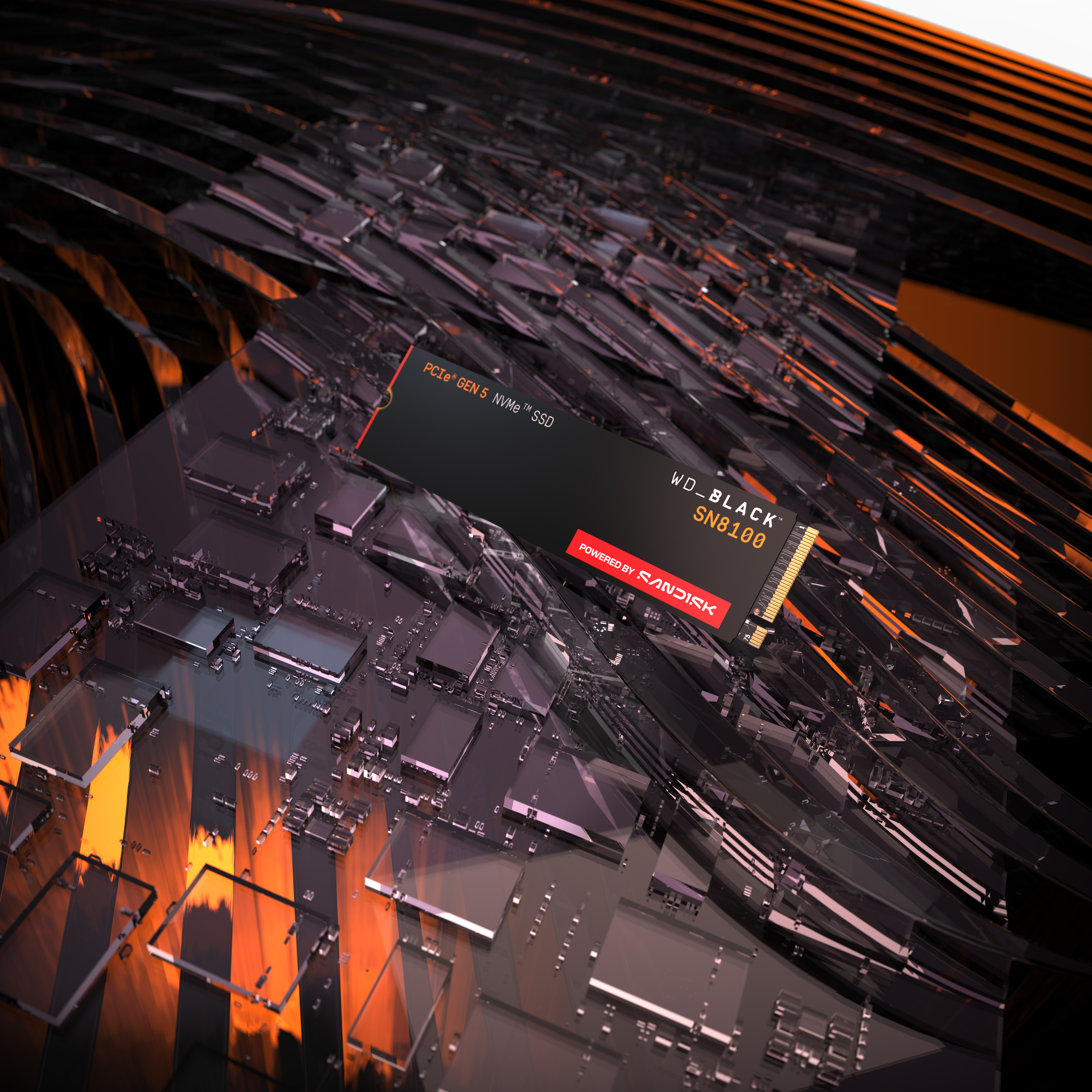 Eine NVMe-SSD auf einem abstrakten schwarzen und orangefarbenen Hintergrund. Sie ist mit WD_BLACK SN8100 beschriftet, powered by Sandisk.