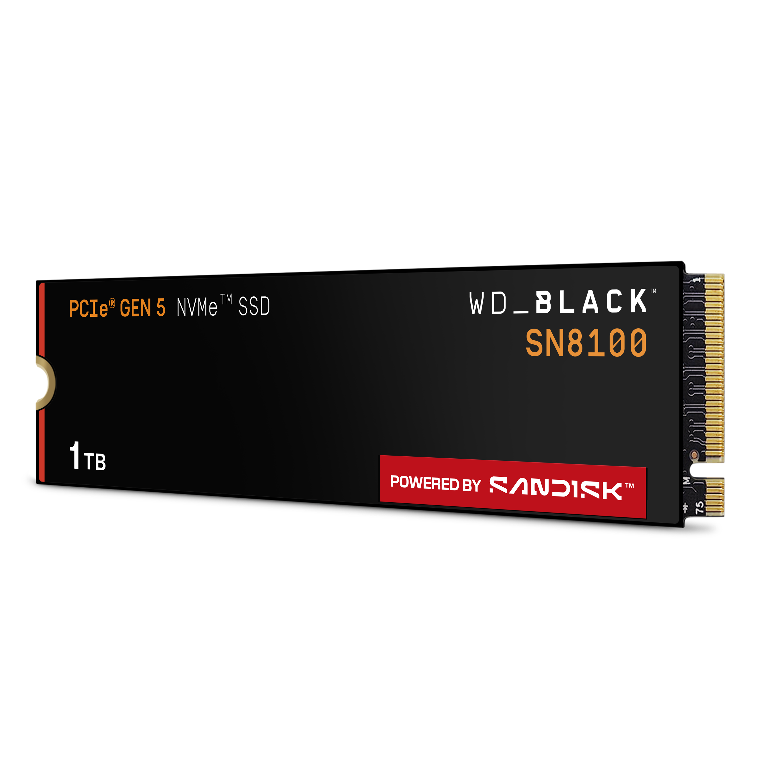 Schwarze WD_BLACK SN8100 NVMe SSD, 1 TB Kapazität. Roter und orangefarbener Text. Schwarzer Hintergrund. Powered by SanDisk.