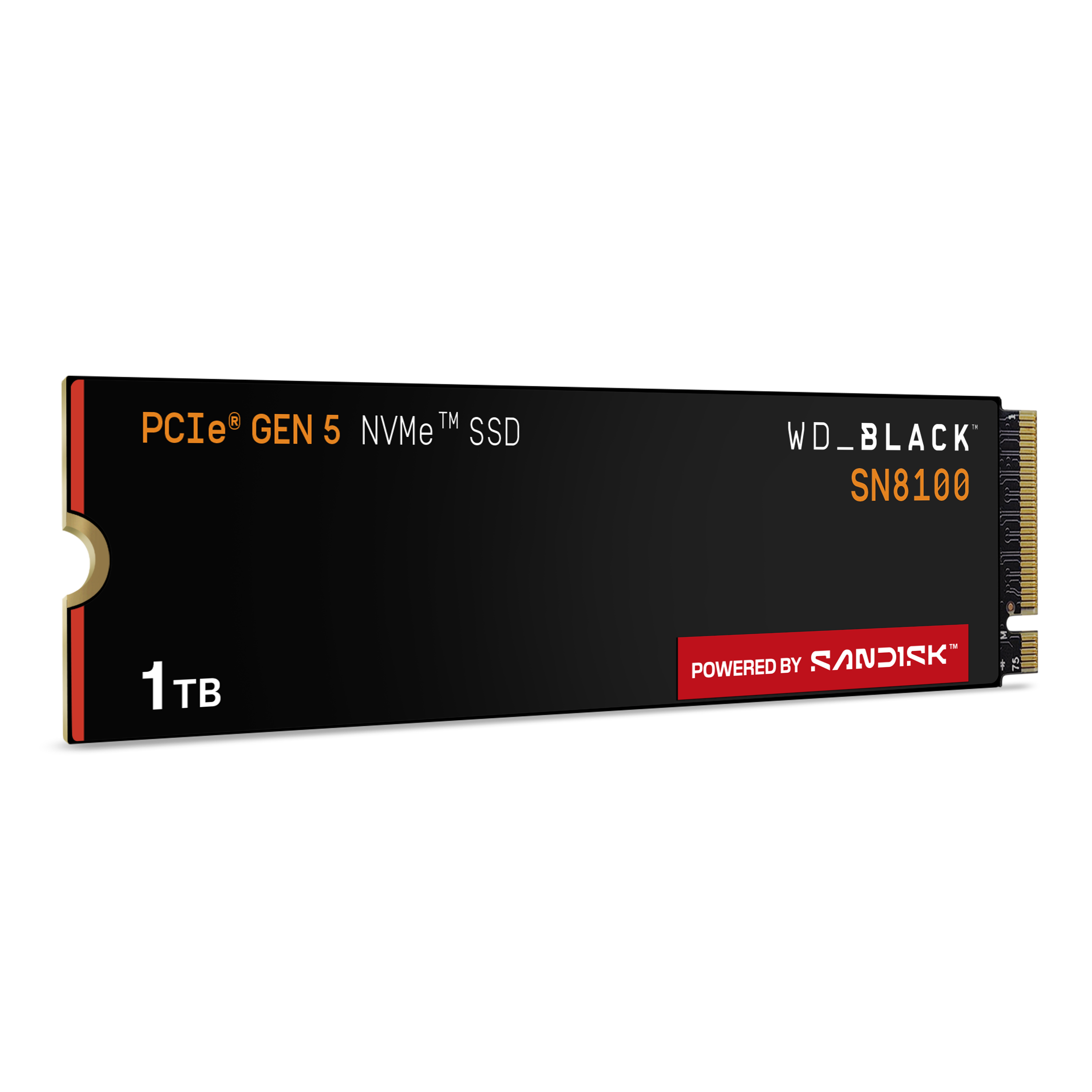 Eine NVMe-SSD wird angezeigt. Sie ist schwarz mit orangefarbenen und goldenen Akzenten. Der Text enthält 'PCIe Gen 5', '1TB' und 'WD_BLACK'.