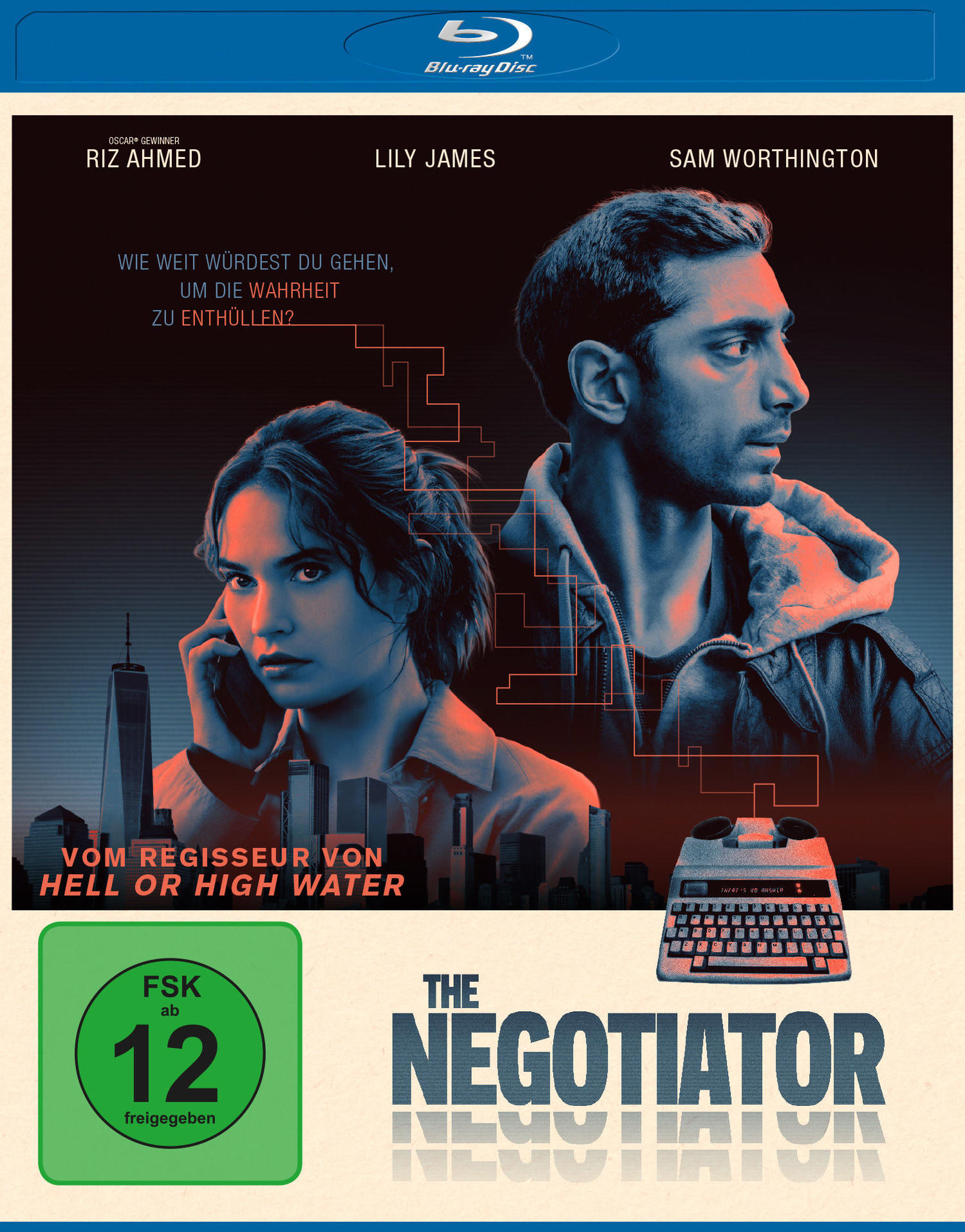 Filmposter mit Schauspielern, einer Schreibmaschine und Stadtkulisse. Blu-ray-Logo oben. Titel: The Negotiator.