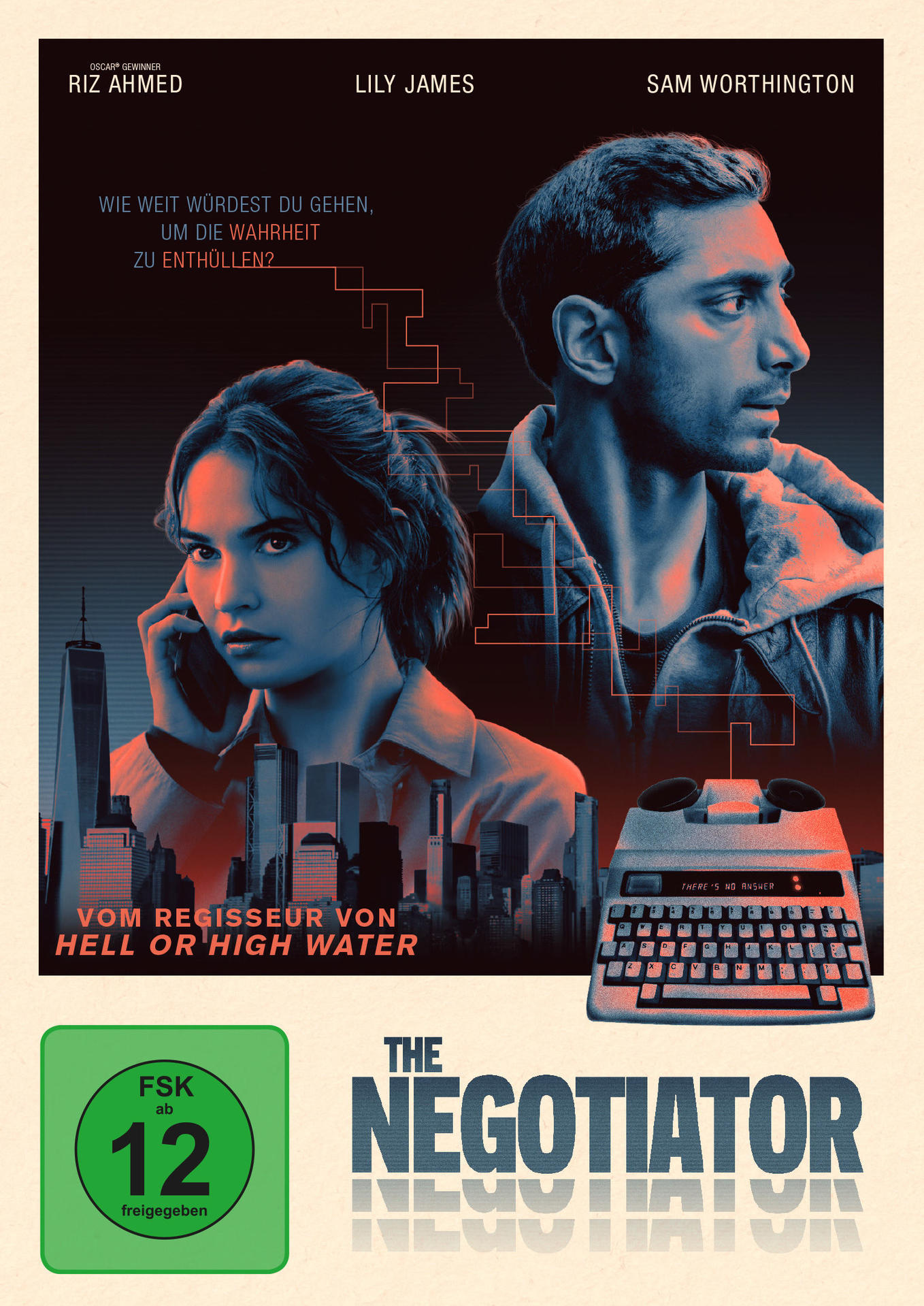 Poster für 'The Negotiator'. Schauspieler, Skyline und eine alte Schreibmaschine. Text auf Deutsch. Altersfreigabe vorhanden.