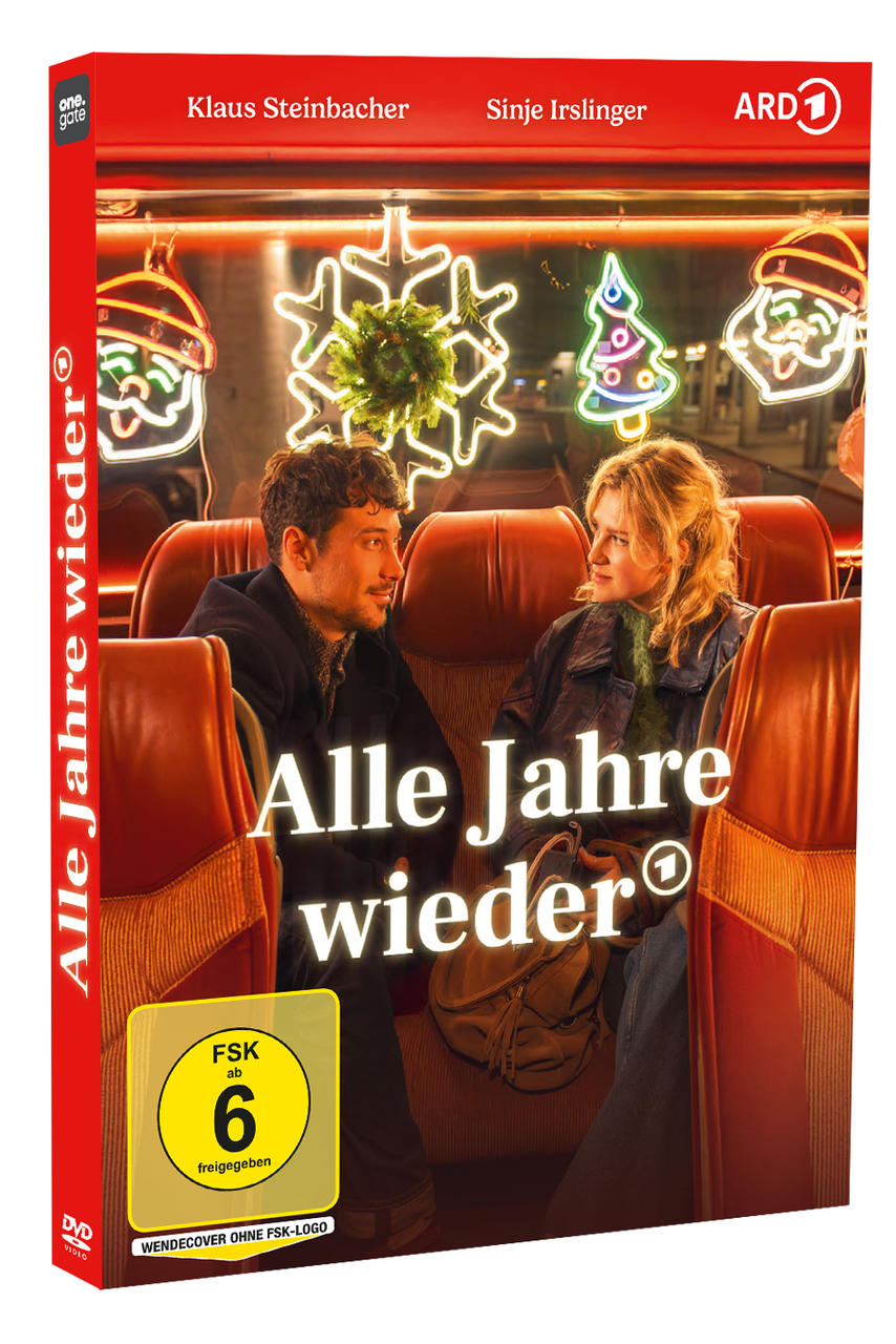 DVD-Cover. Mann und Frau im Bus, Weihnachtsbeleuchtung im Hintergrund. Titel: Alle Jahre wieder.