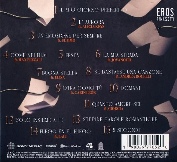 Albumcover mit Titeln und Künstlernamen. Enthält den Namen Eros Ramazzotti oben.