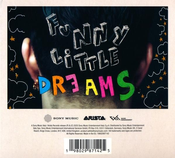 Albumcover mit dem Text 'FUNNY LITTLE DREAMS' über dem Hinterkopf einer Person mit Sternen und Wolken.