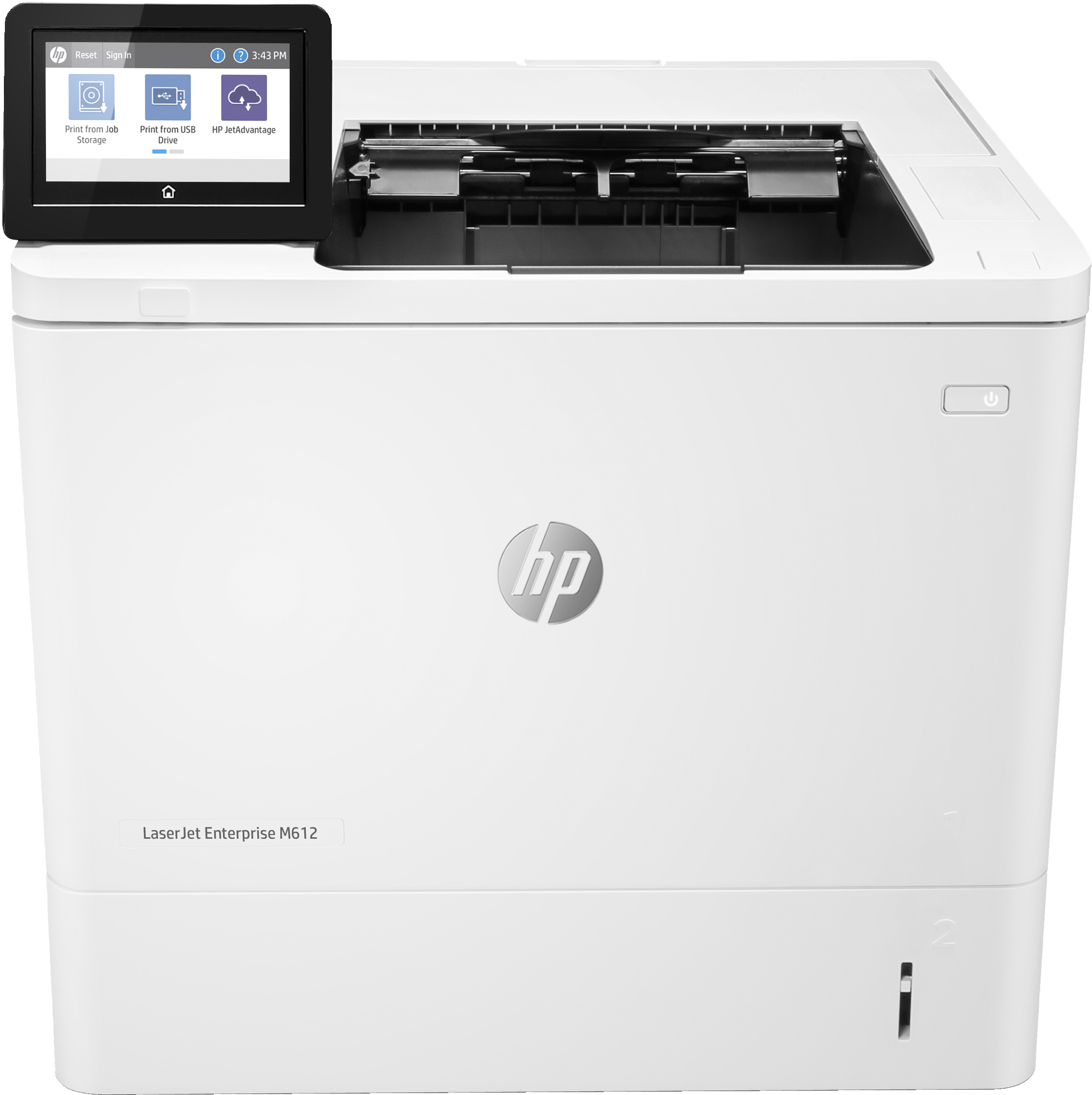 Weißer HP LaserJet Enterprise M612 Drucker mit Touchscreen. Es hat Knöpfe und einen Ein-/Ausschalter. Das HP-Logo ist sichtbar.