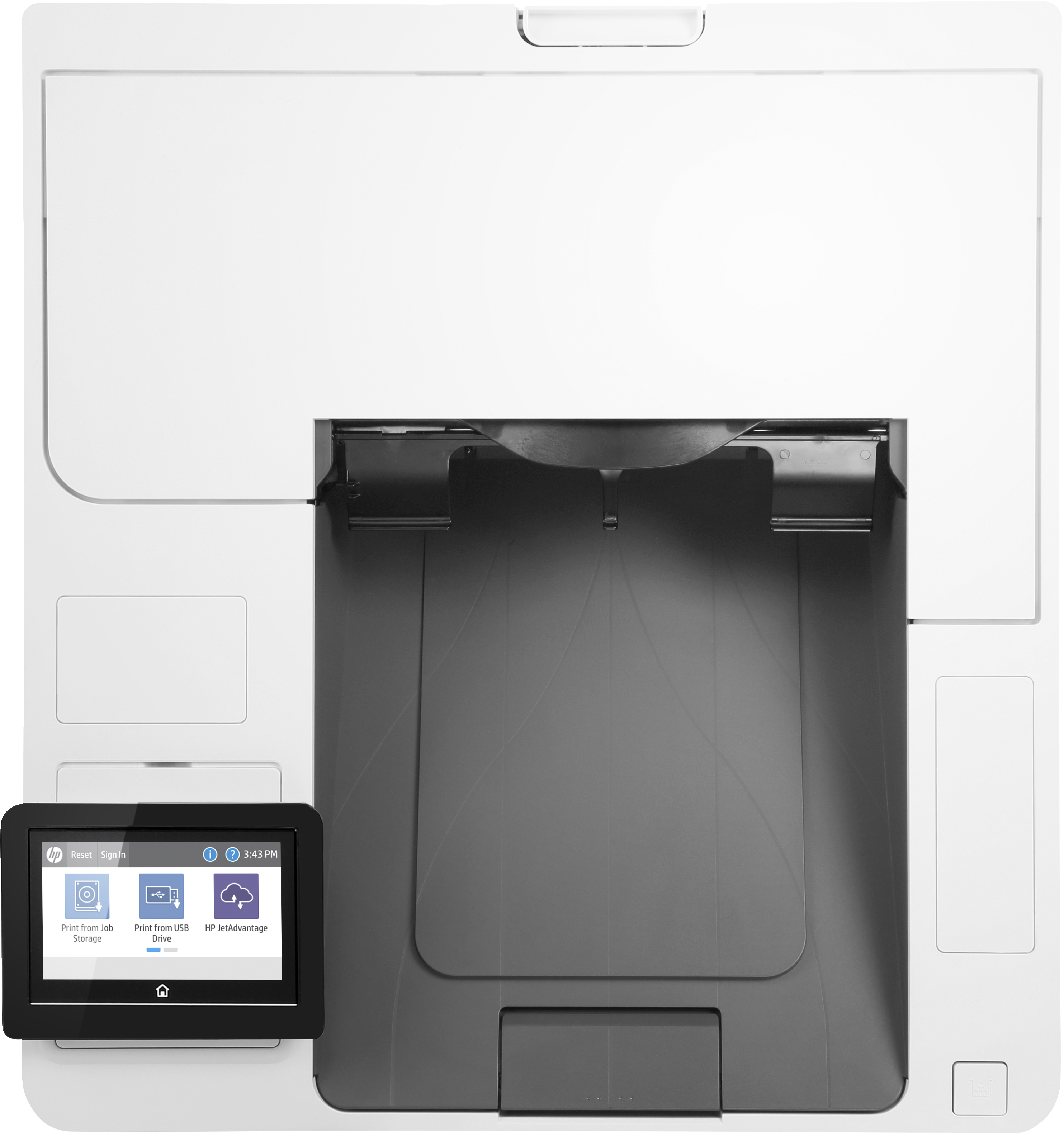 Ein weißer und grauer Drucker mit Touchscreen. Der Bildschirm zeigt Druckoptionen. Der Drucker hat ein Papierfach.