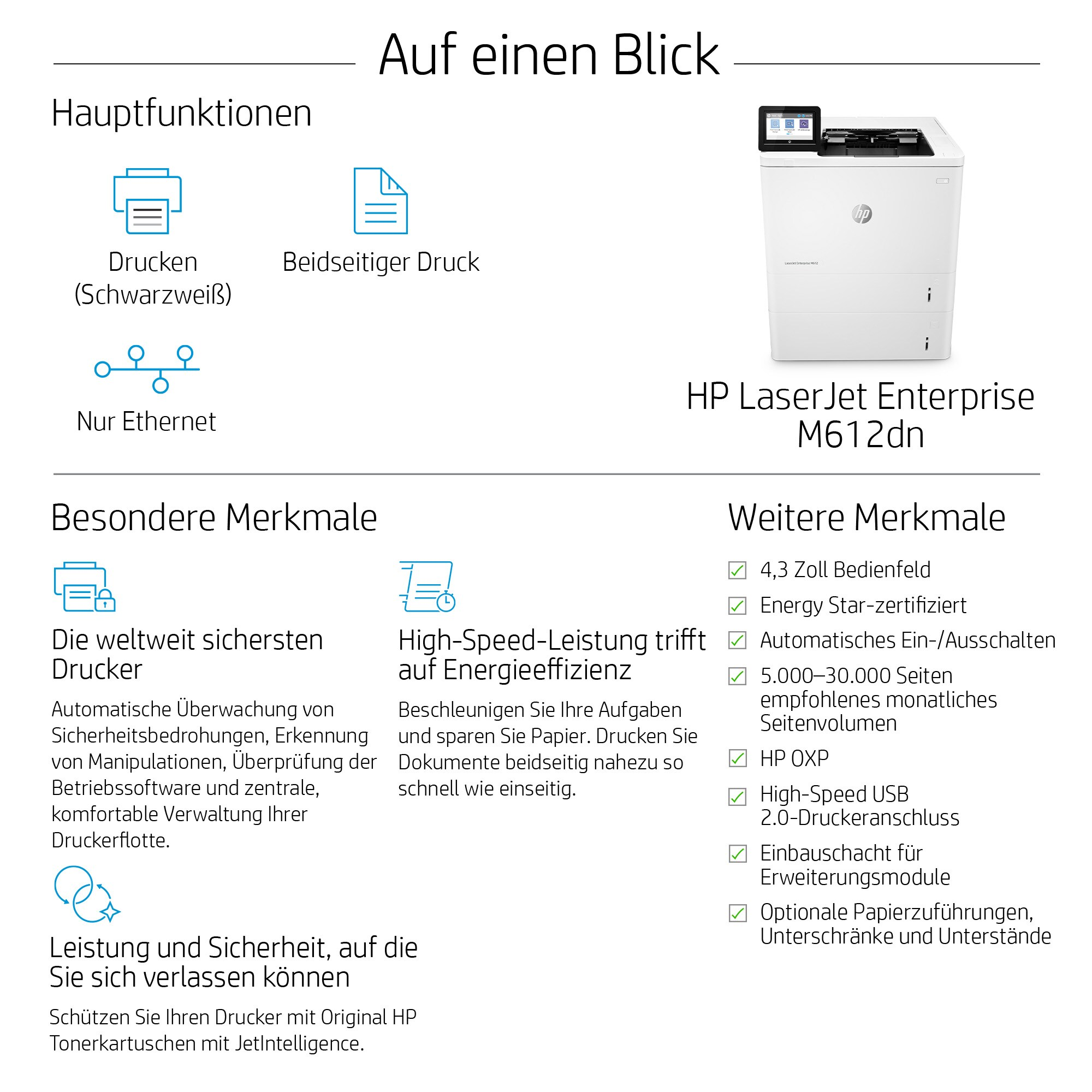 Das Bild zeigt einen HP LaserJet-Drucker mit Funktionen wie Schwarzweißdruck, Ethernet und beidseitigem Druck.