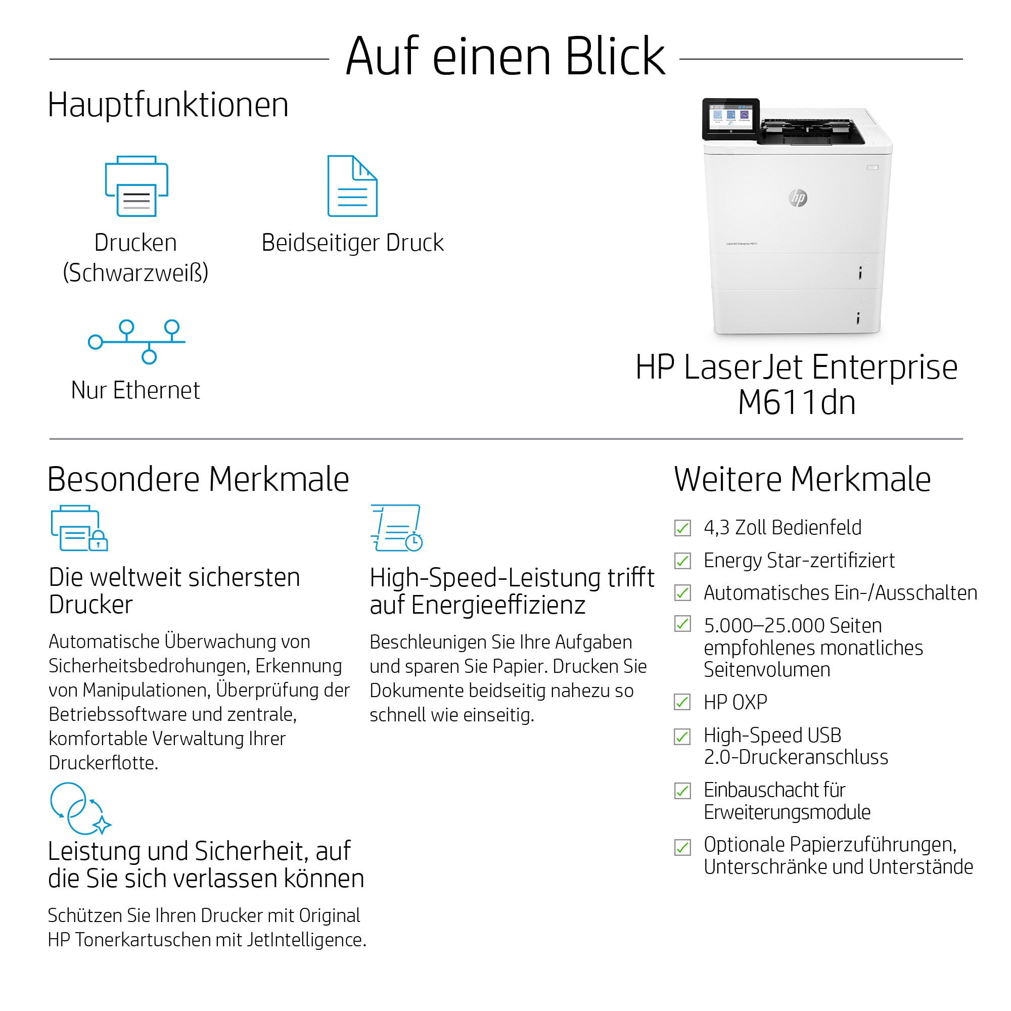 Weißer HP LaserJet-Drucker, schwarzer Bildschirm, Funktionen wie Drucken, Ethernet und beidseitiger Druck. Text hebt Sicherheit und Effizienz hervor.